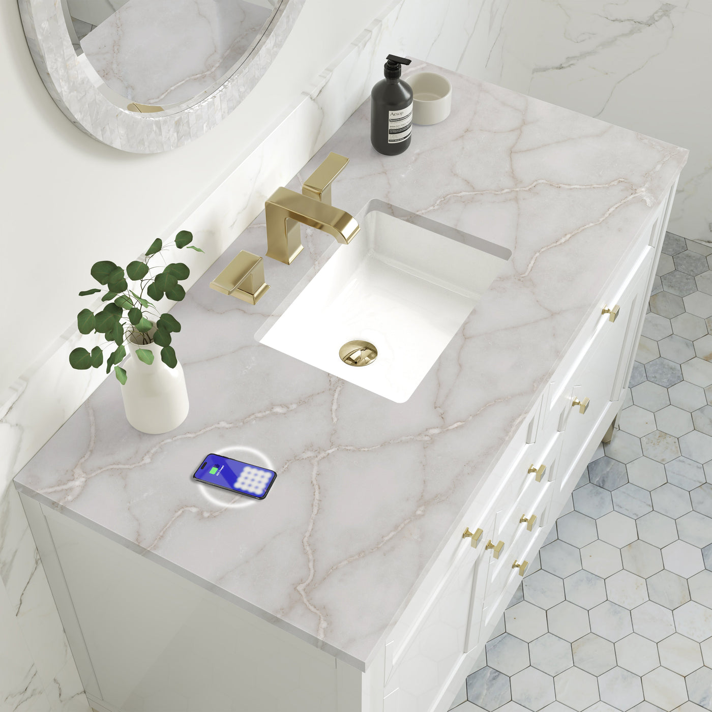 James Martin Chicago 48" Single Bathroom Vanity, Glossy White with Victorian Silver (FreePower) countertop