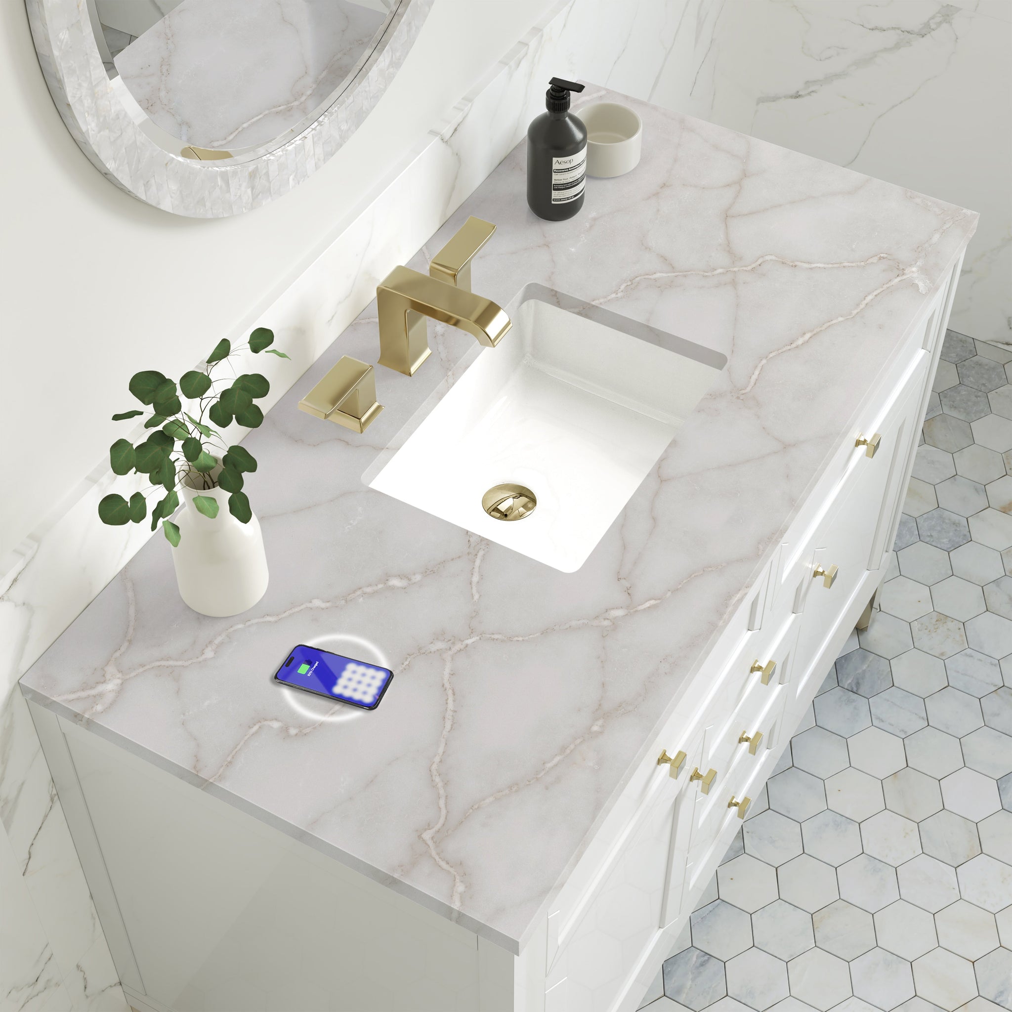 James Martin Chicago 48" Single Bathroom Vanity, Glossy White with Victorian Silver (FreePower) countertop