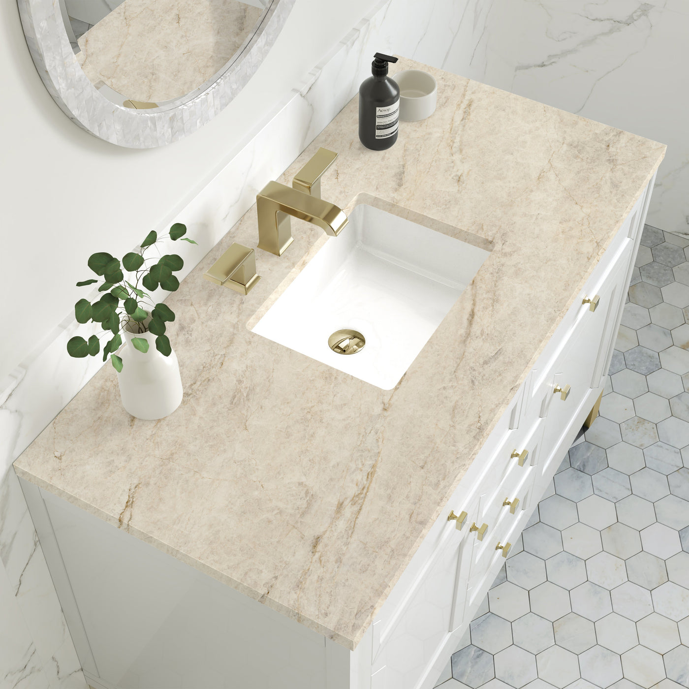 James Martin Chicago 48" Single Bathroom Vanity, Glossy White with Tajnar countertop
