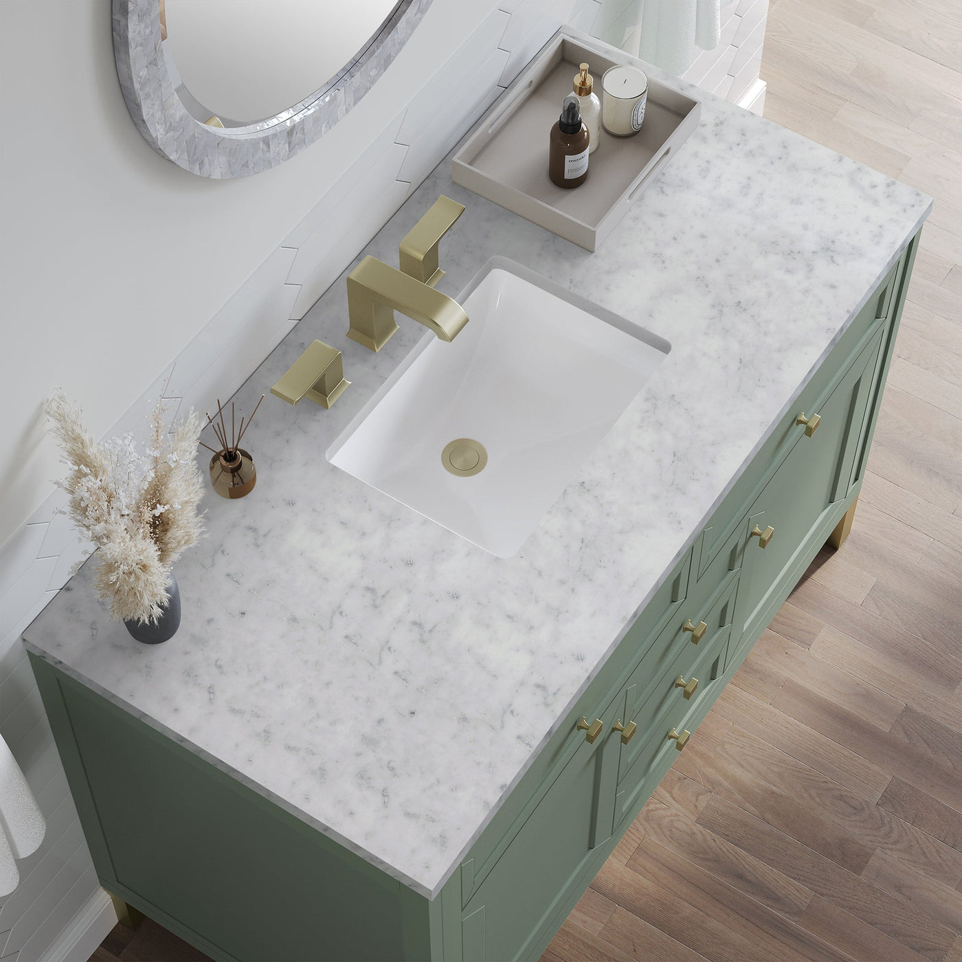 James Martin Chicago 48" Single Bathroom Vanity, Smokey Celadon with Carrara White countertop
