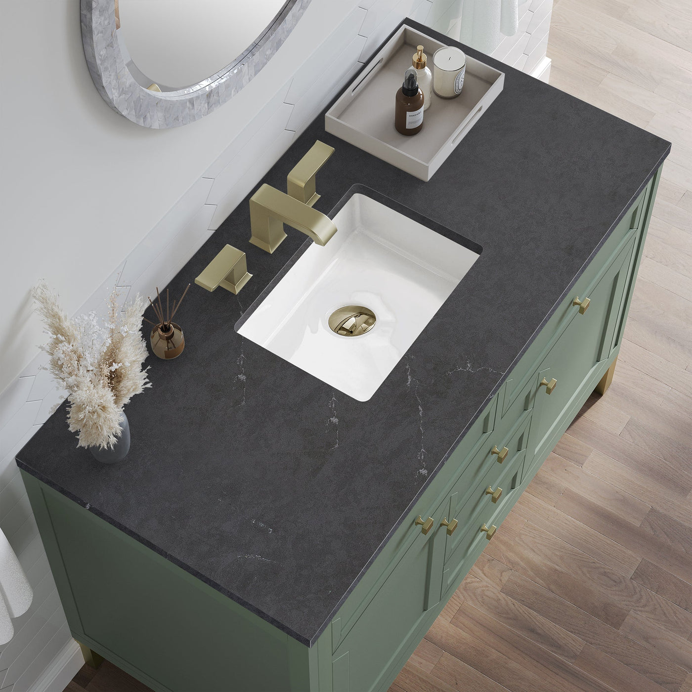 James Martin Chicago 48" Single Bathroom Vanity, Smokey Celadon with Charcoal Soapstone countertop