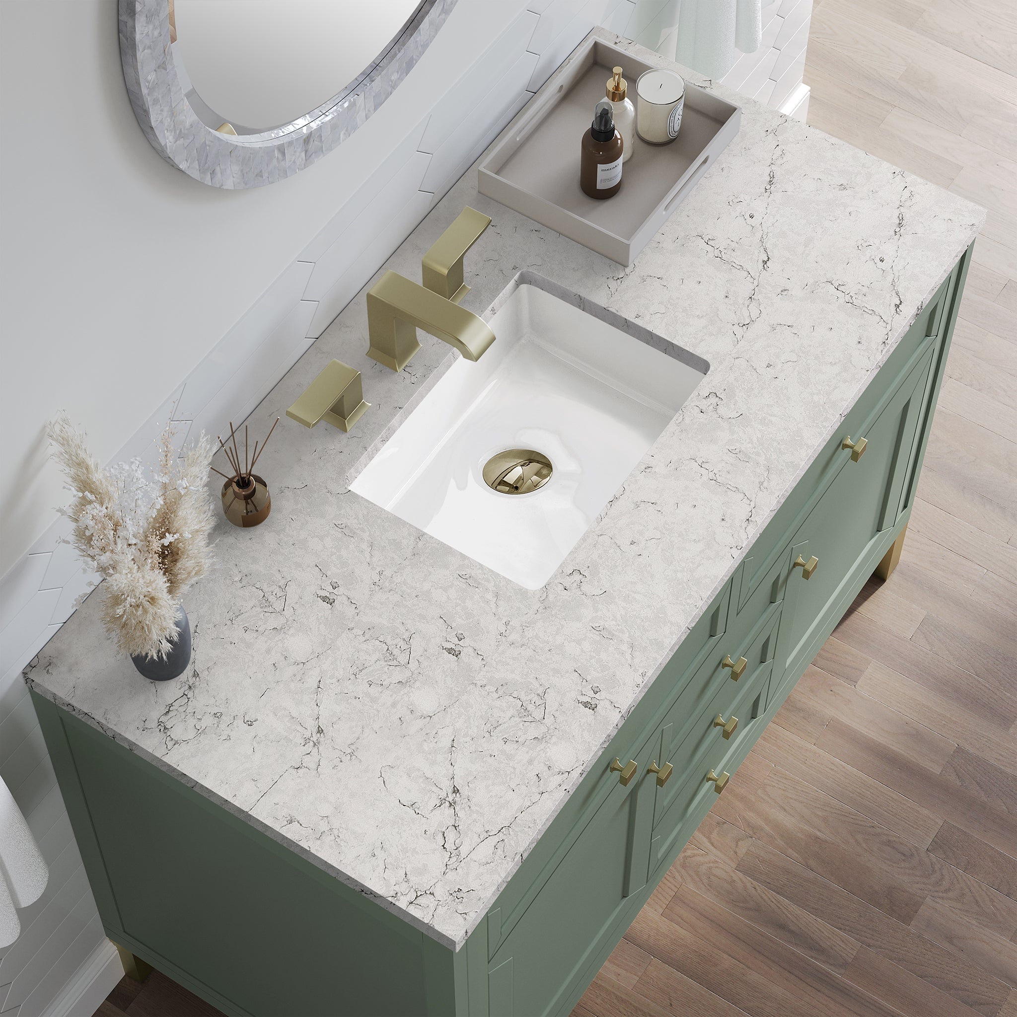 James Martin Chicago 48" Single Bathroom Vanity, Smokey Celadon with Eternal Jasmine Pearl countertop