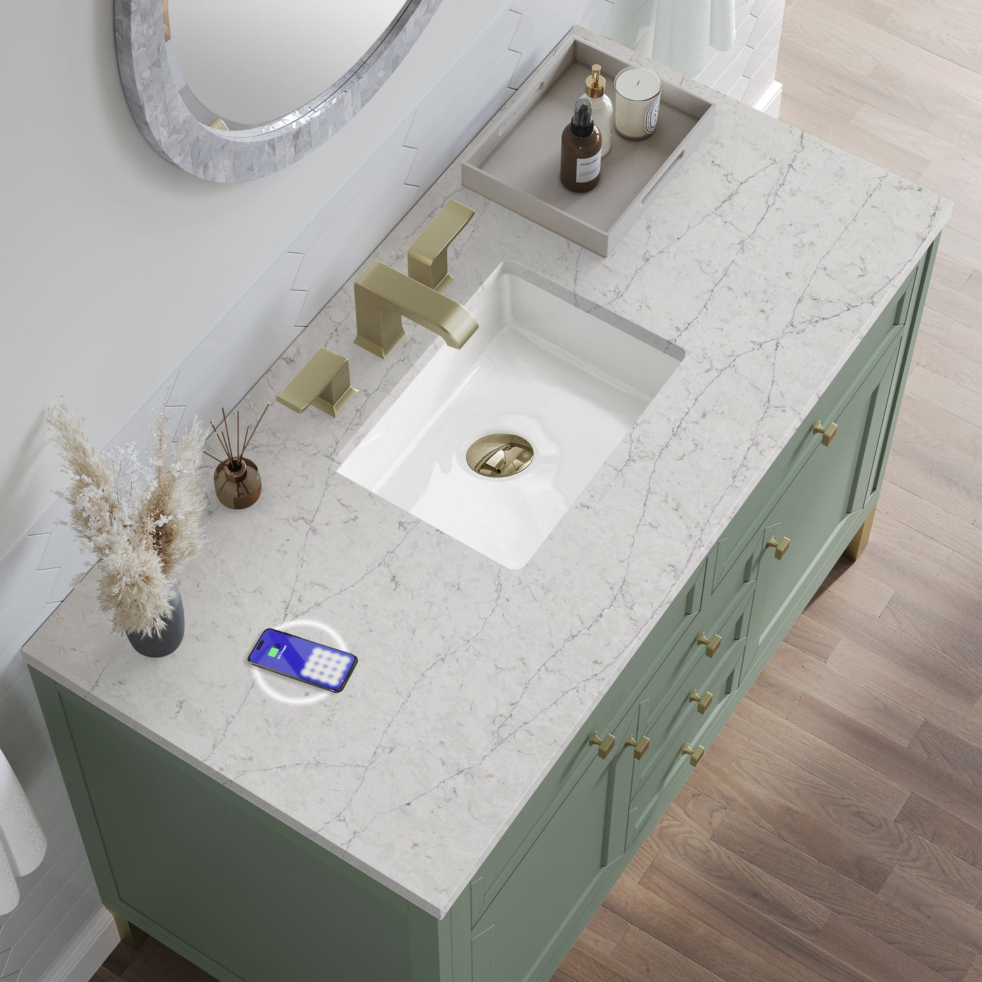 James Martin Chicago 48" Single Bathroom Vanity, Smokey Celadon with Eternal Jasmine Pearl (FreePower) countertop