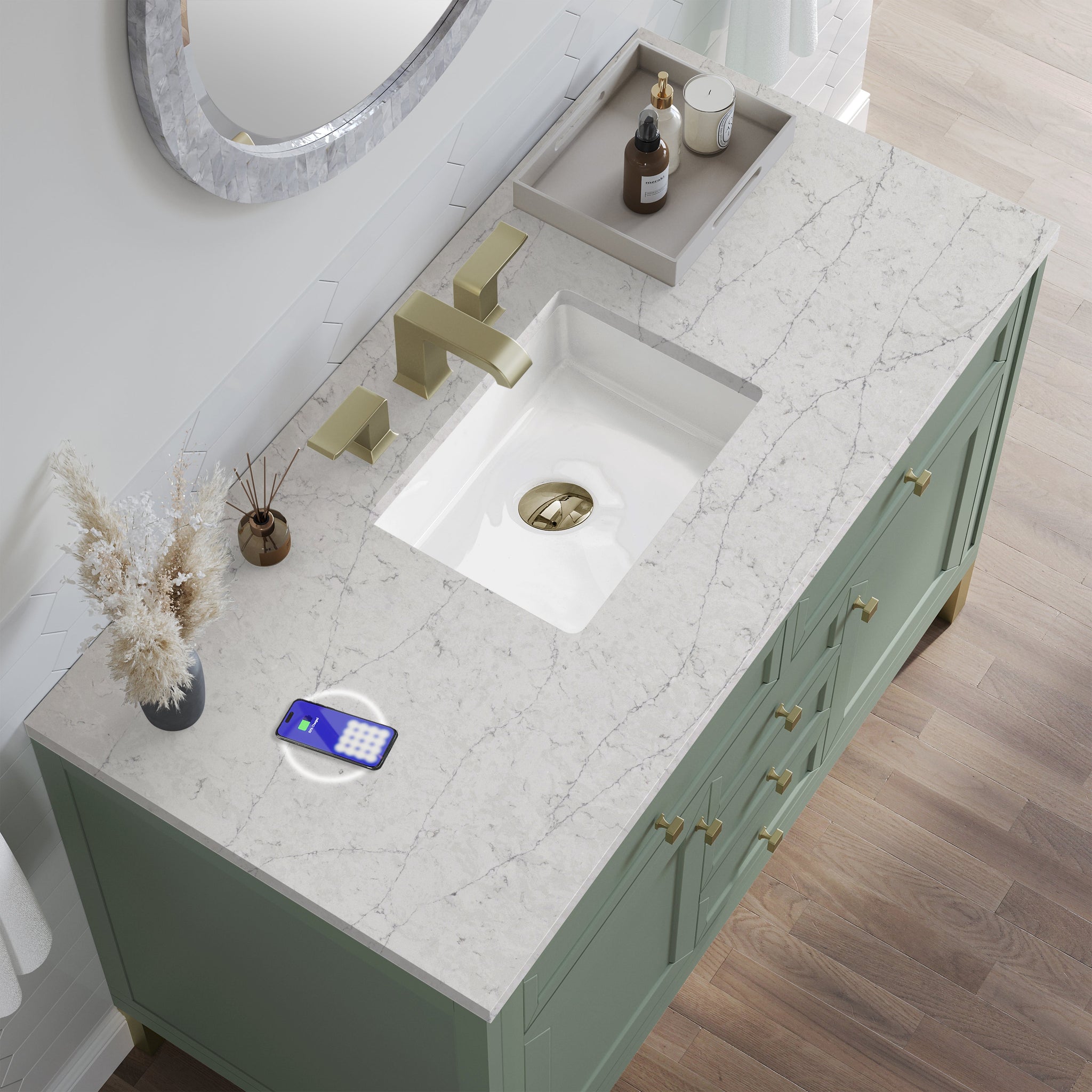 James Martin Chicago 48" Single Bathroom Vanity, Smokey Celadon with Eternal Jasmine Pearl (FreePower) countertop