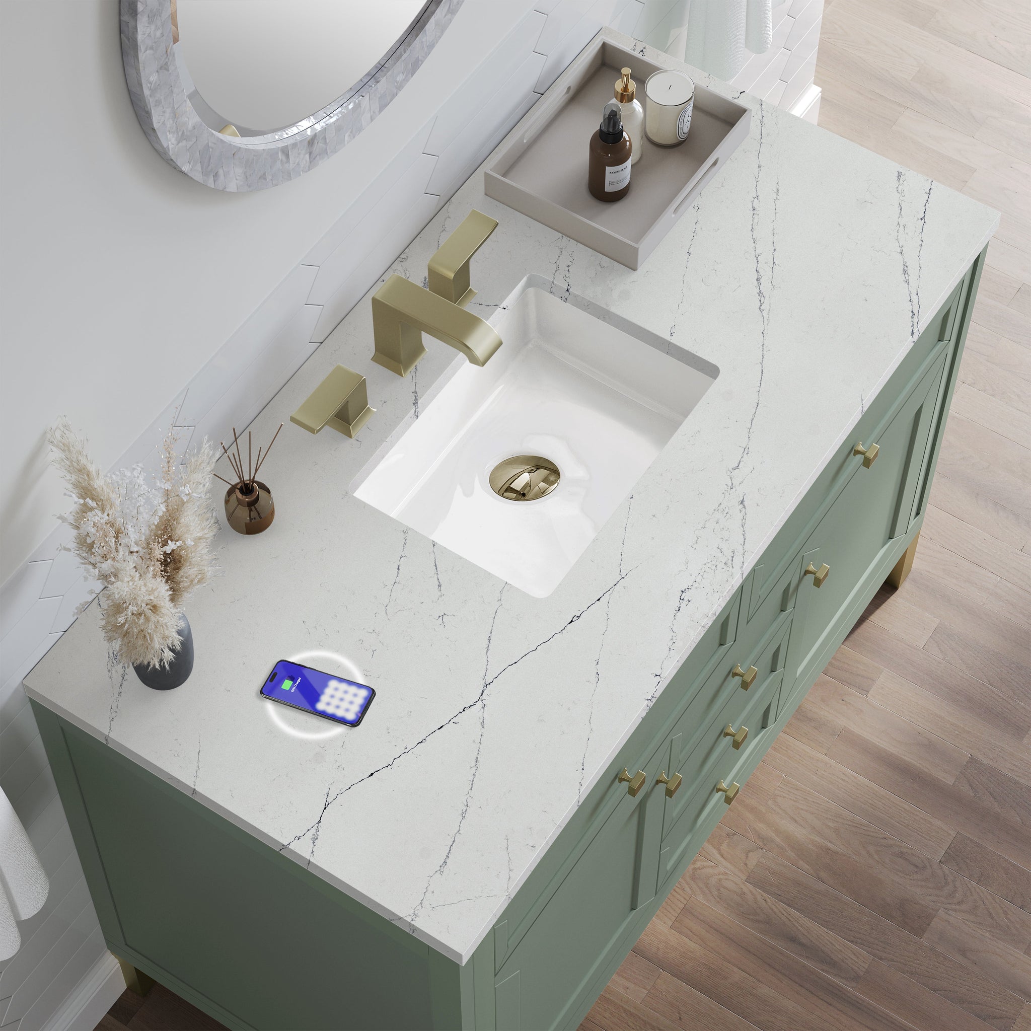 James Martin Chicago 48" Single Bathroom Vanity, Smokey Celadon with Ethereal Noctis (FreePower) countertop