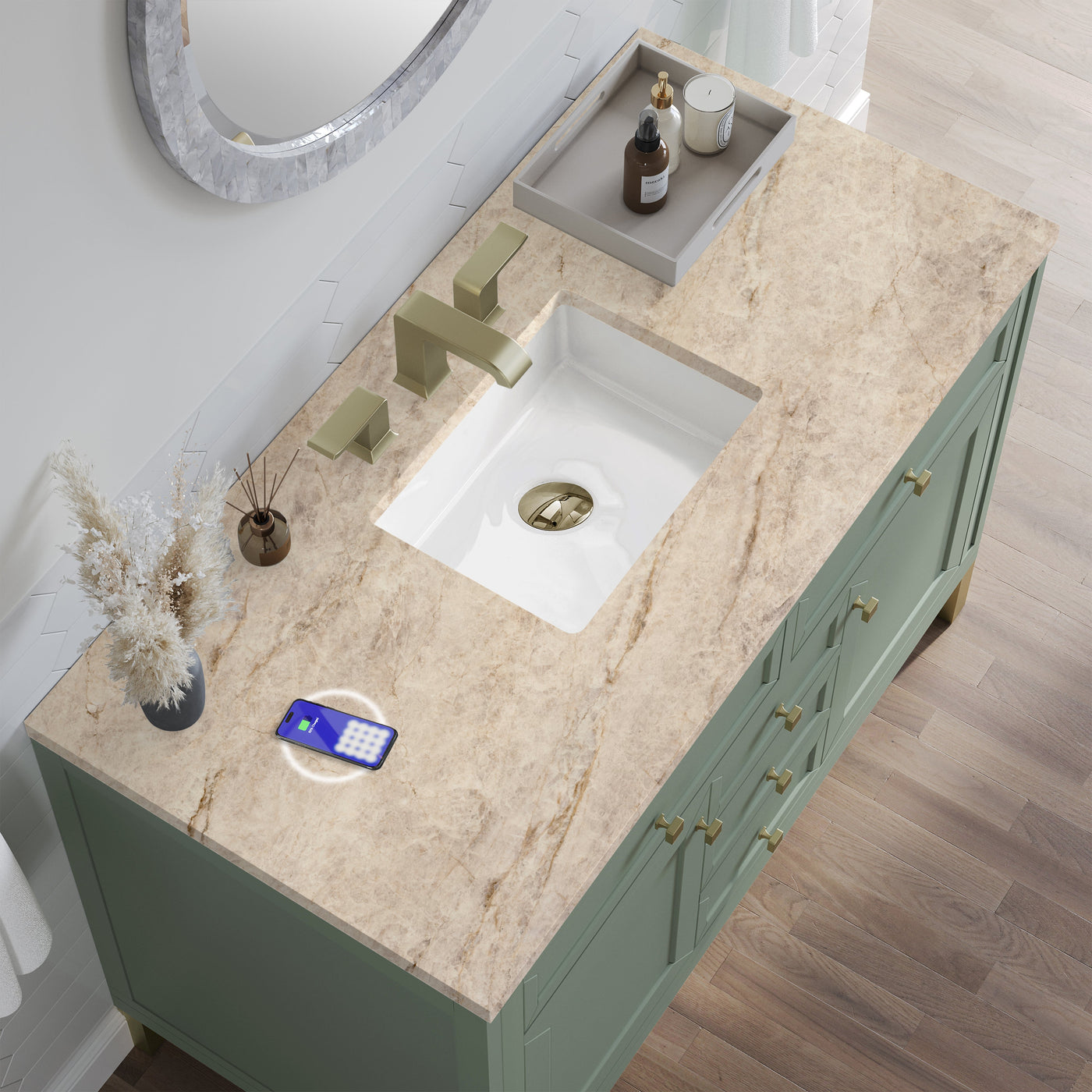 James Martin Chicago 48" Single Bathroom Vanity, Smokey Celadon with Tajnar (FreePower) countertop