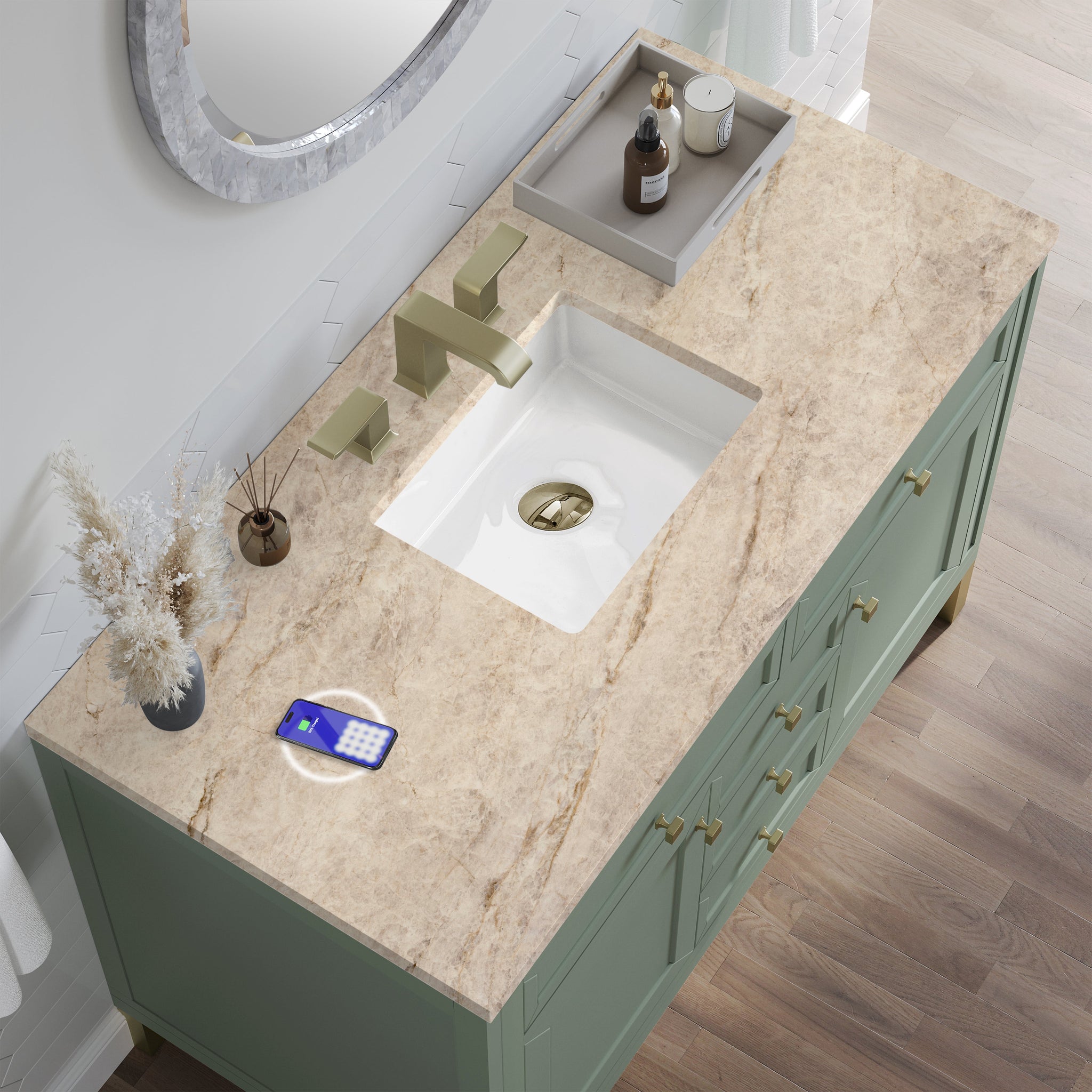 James Martin Chicago 48" Single Bathroom Vanity, Smokey Celadon with Tajnar (FreePower) countertop