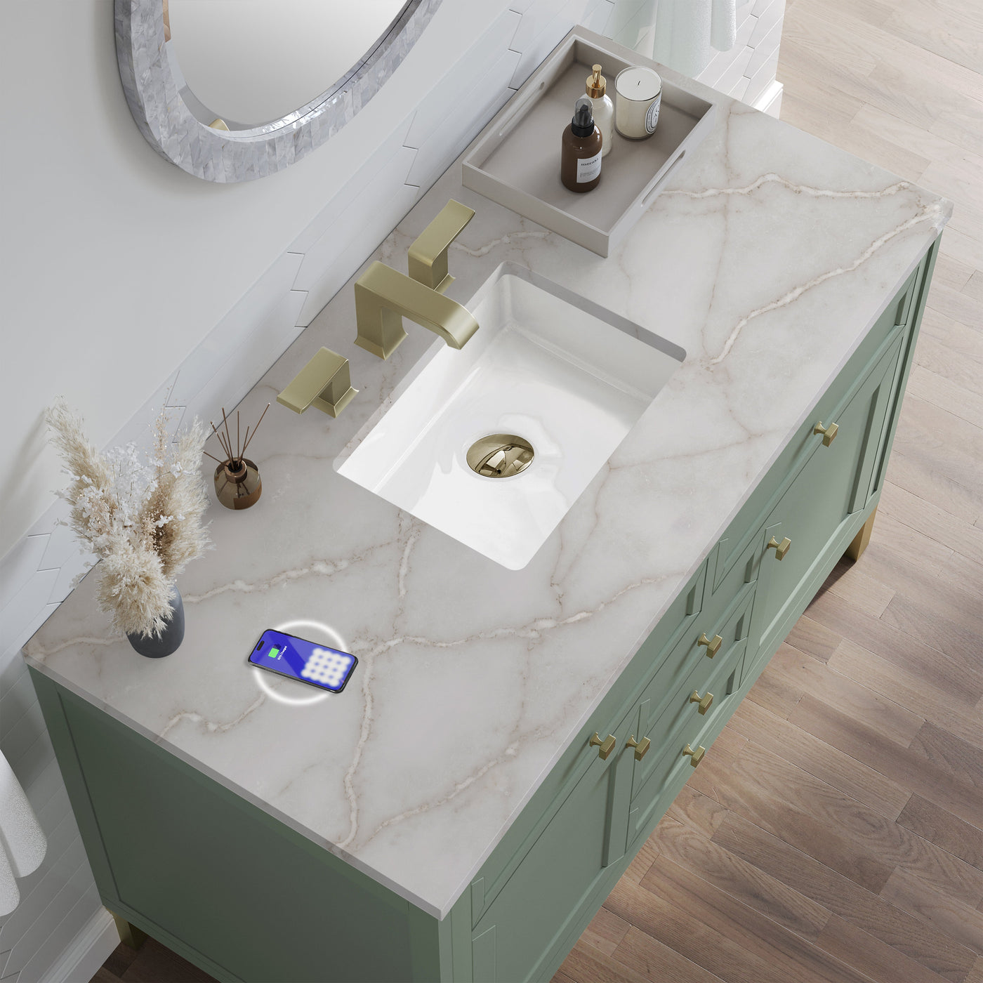 James Martin Chicago 48" Single Bathroom Vanity, Smokey Celadon with Victorian Silver (FreePower) countertop