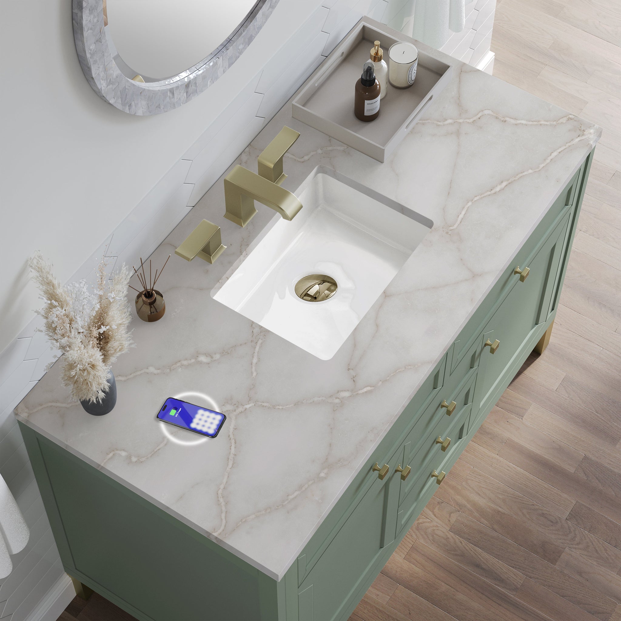James Martin Chicago 48" Single Bathroom Vanity, Smokey Celadon with Victorian Silver (FreePower) countertop