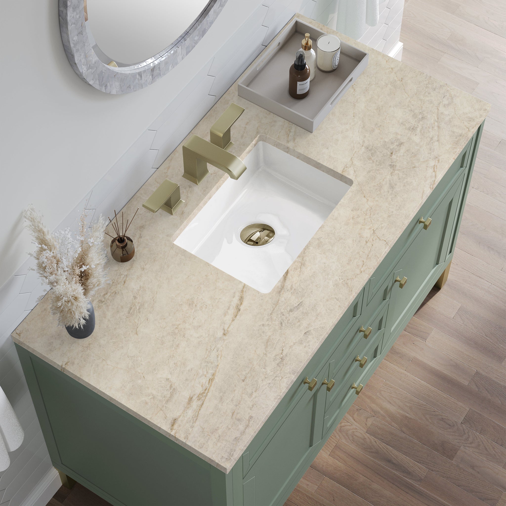 James Martin Chicago 48" Single Bathroom Vanity, Smokey Celadon with Tajnar countertop