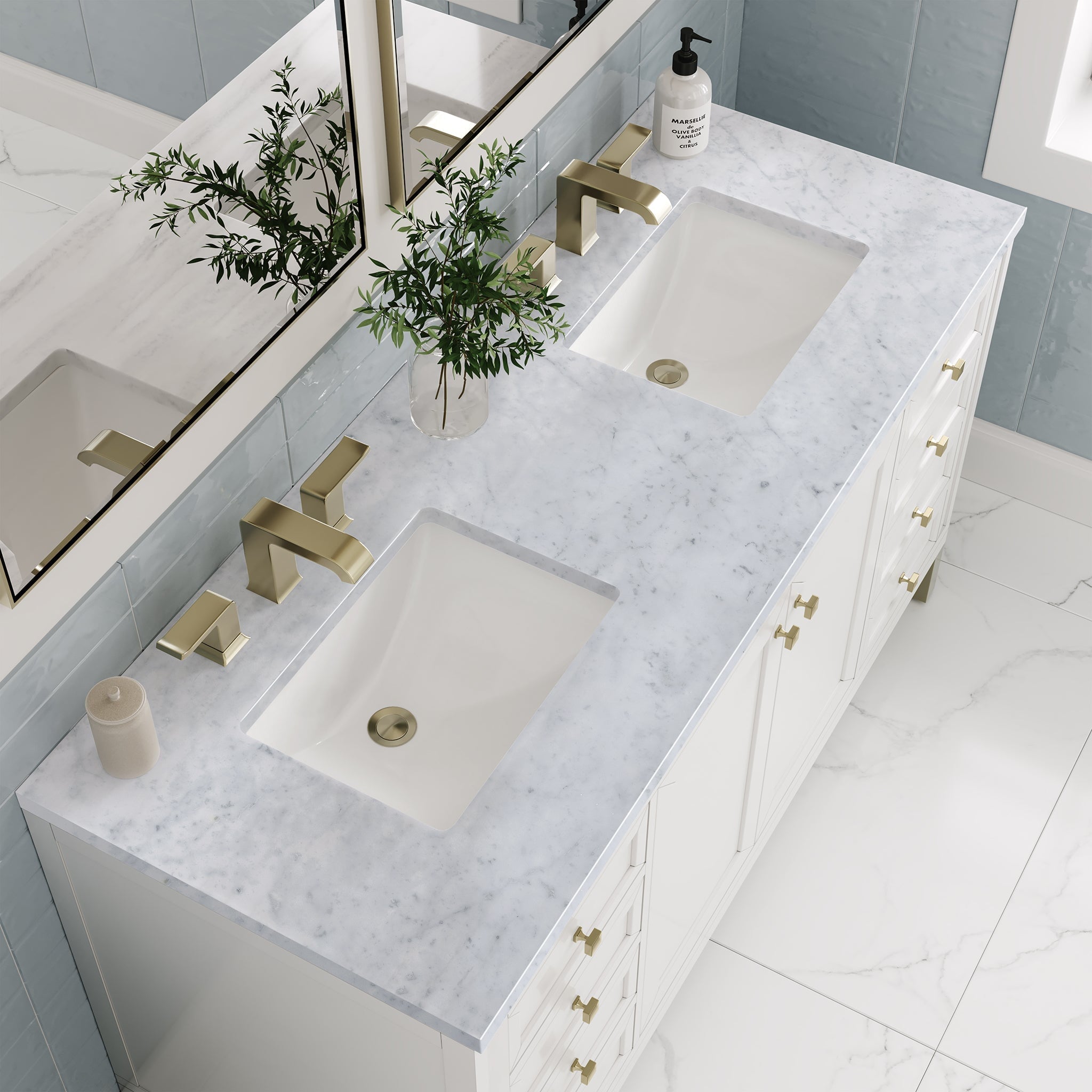 James Martin Chicago 60" Double Bathroom Vanity, Glossy White with Carrara White countertop