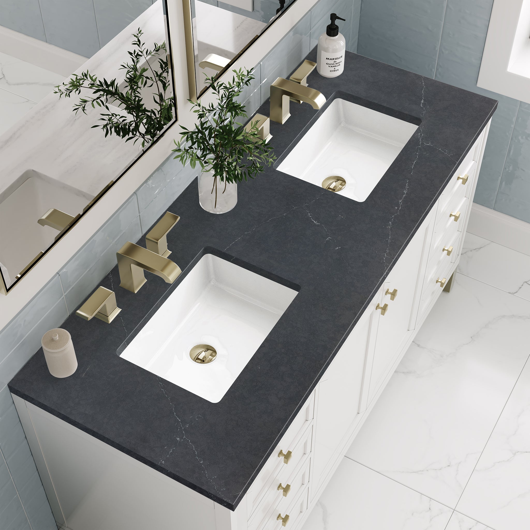 James Martin Chicago 60" Double Bathroom Vanity, Glossy White with Charcoal Soapstone countertop