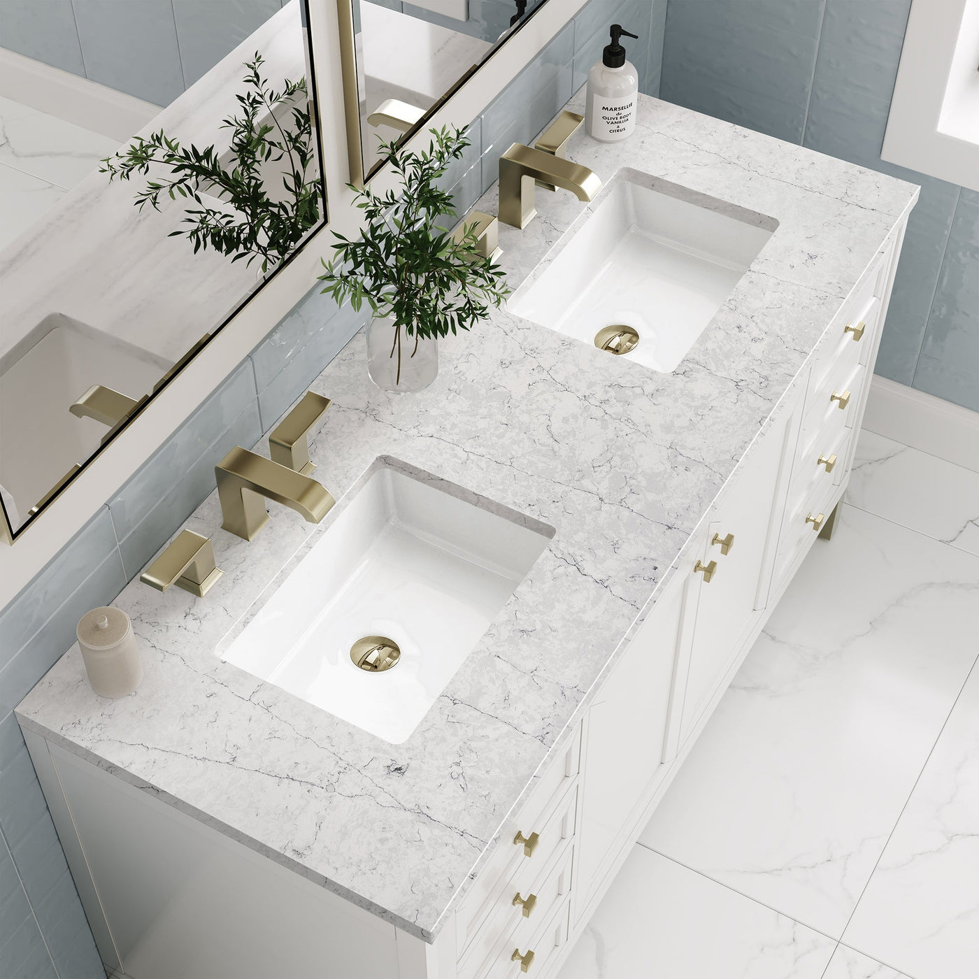James Martin Chicago 60" Double Bathroom Vanity, Glossy White with Eternal Jasmine Pearl countertop