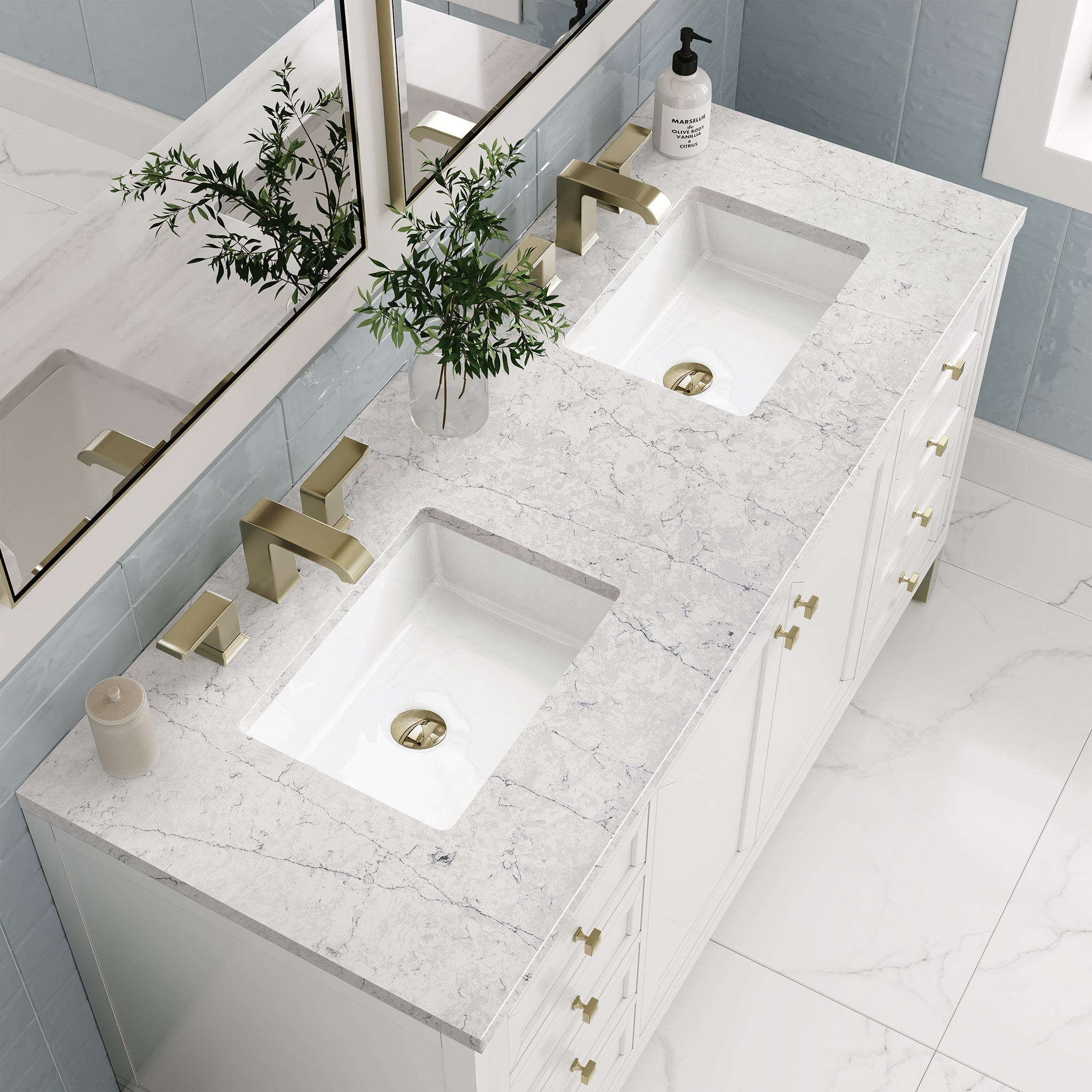 James Martin Chicago 60" Double Bathroom Vanity, Glossy White with Eternal Jasmine Pearl countertop