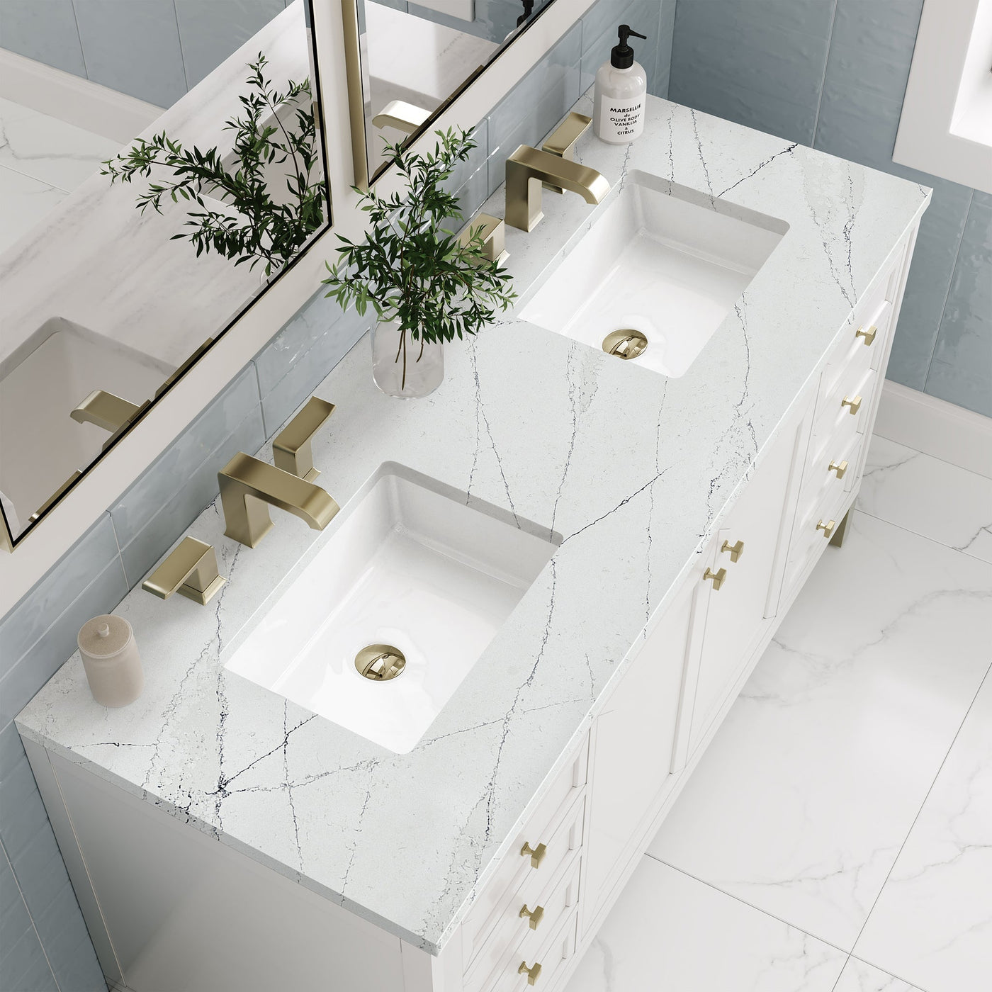 James Martin Chicago 60" Double Bathroom Vanity, Glossy White with Ethereal Noctis countertop