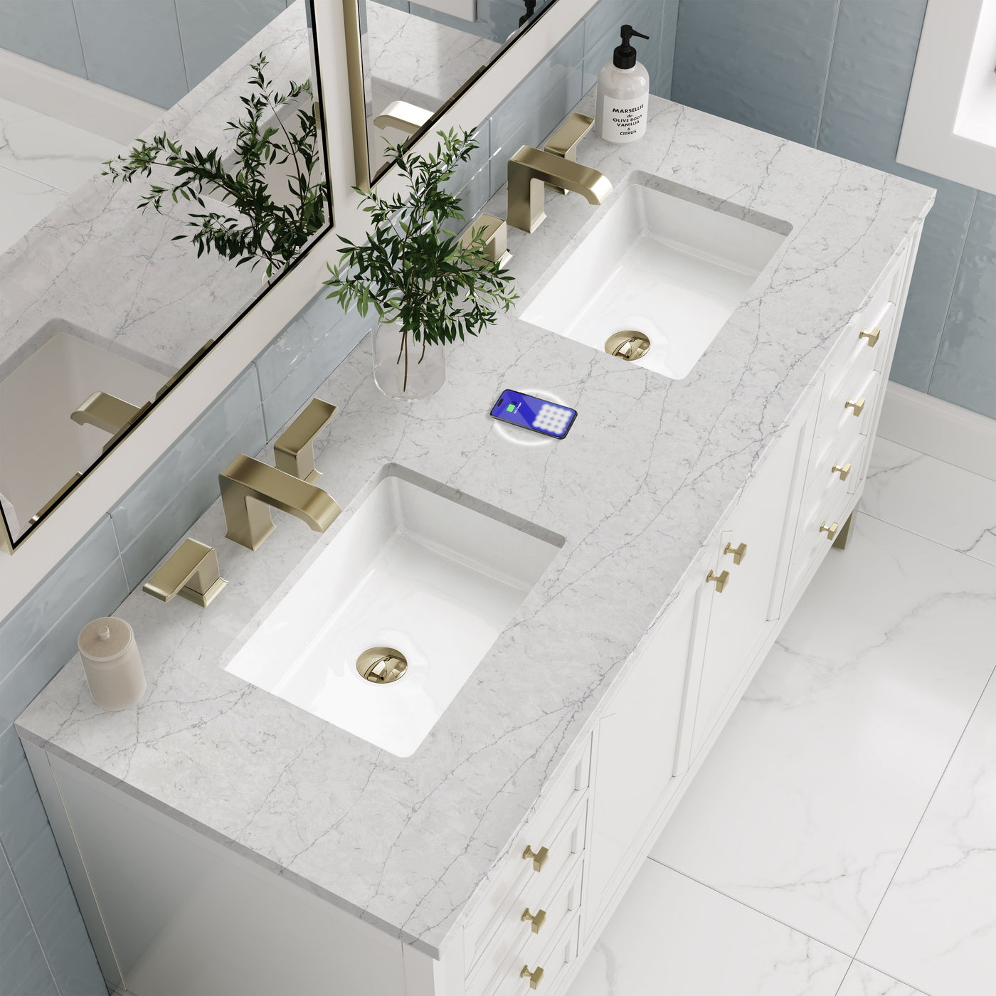 James Martin Chicago 60" Double Bathroom Vanity, Glossy White with Eternal Jasmine Pearl (FreePower) countertop