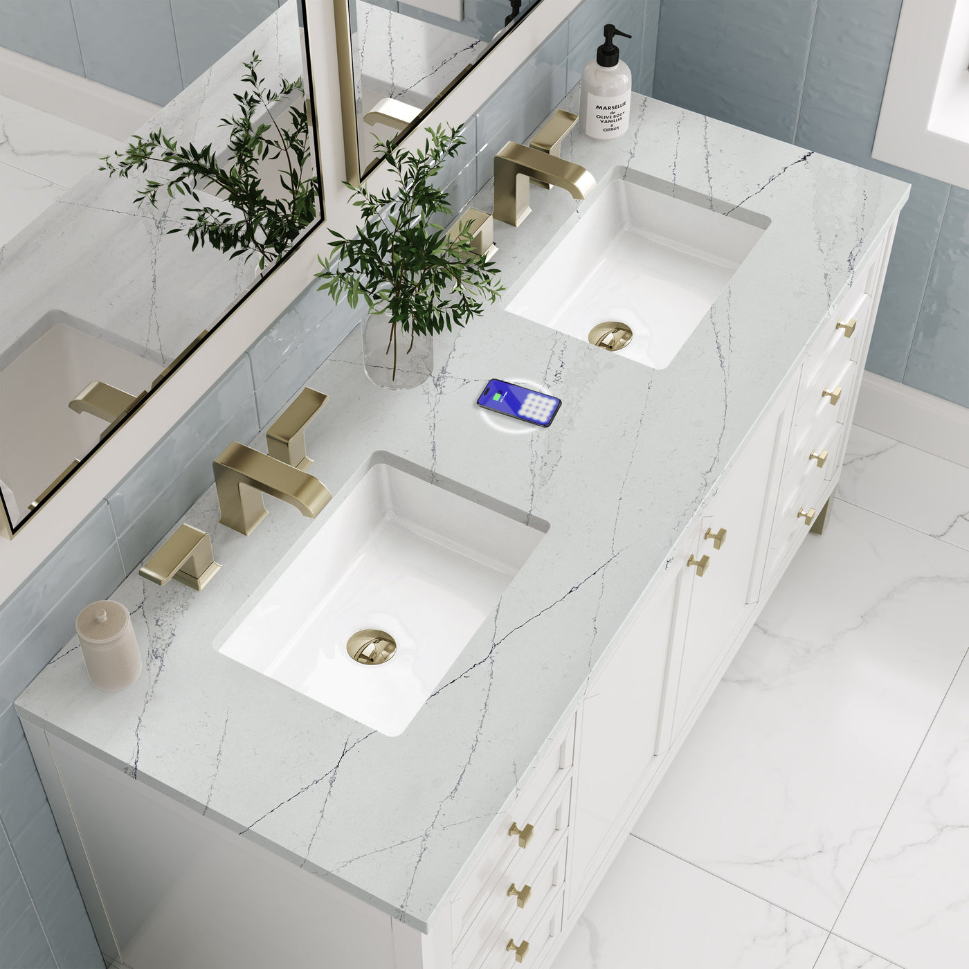 James Martin Chicago 60" Double Bathroom Vanity, Glossy White with Ethereal Noctis (FreePower) countertop