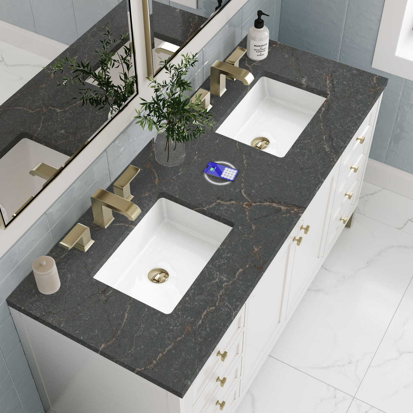 James Martin Chicago 60" Double Bathroom Vanity, Glossy White with Parisien Bleu (FreePower) countertop