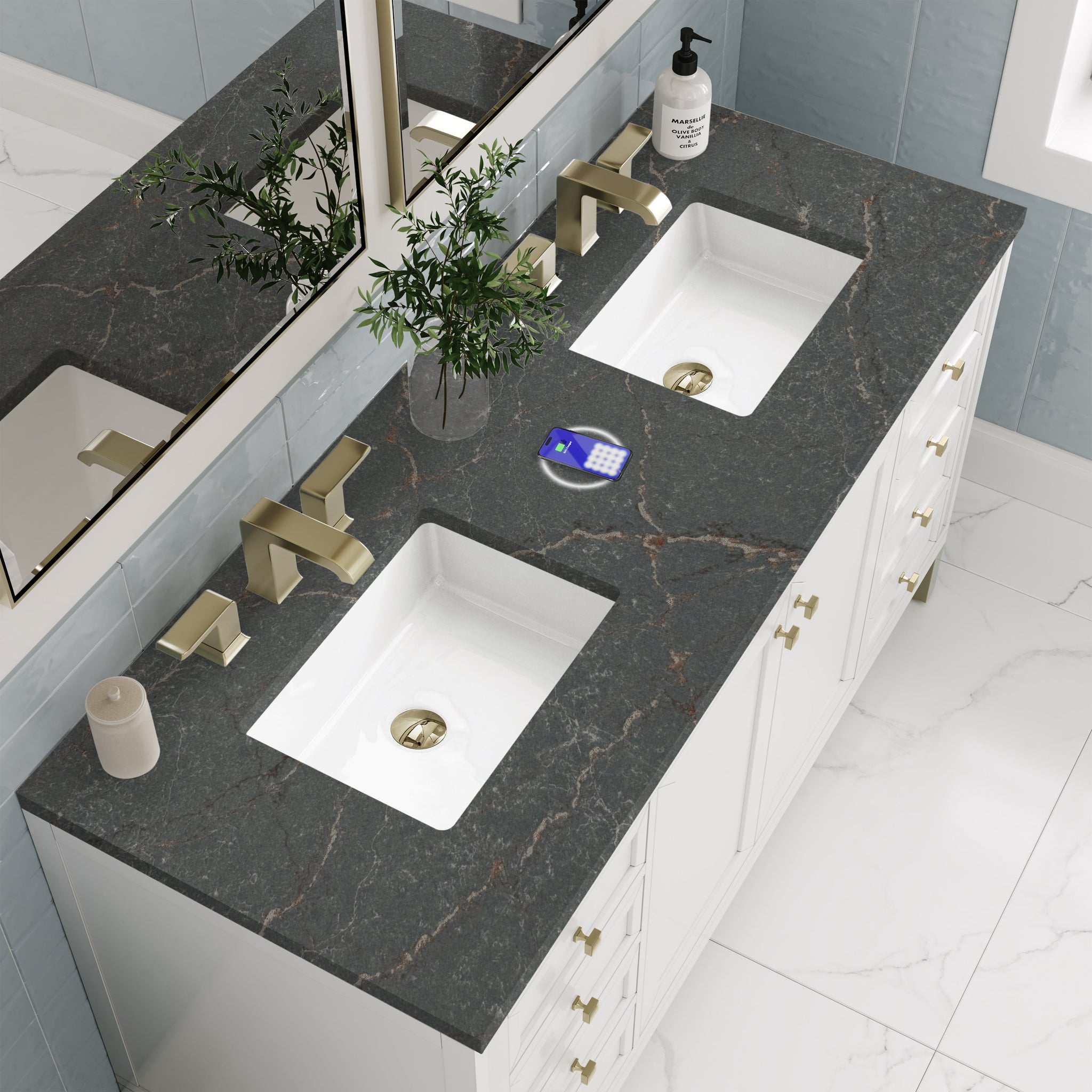 James Martin Chicago 60" Double Bathroom Vanity, Glossy White with Parisien Bleu (FreePower) countertop