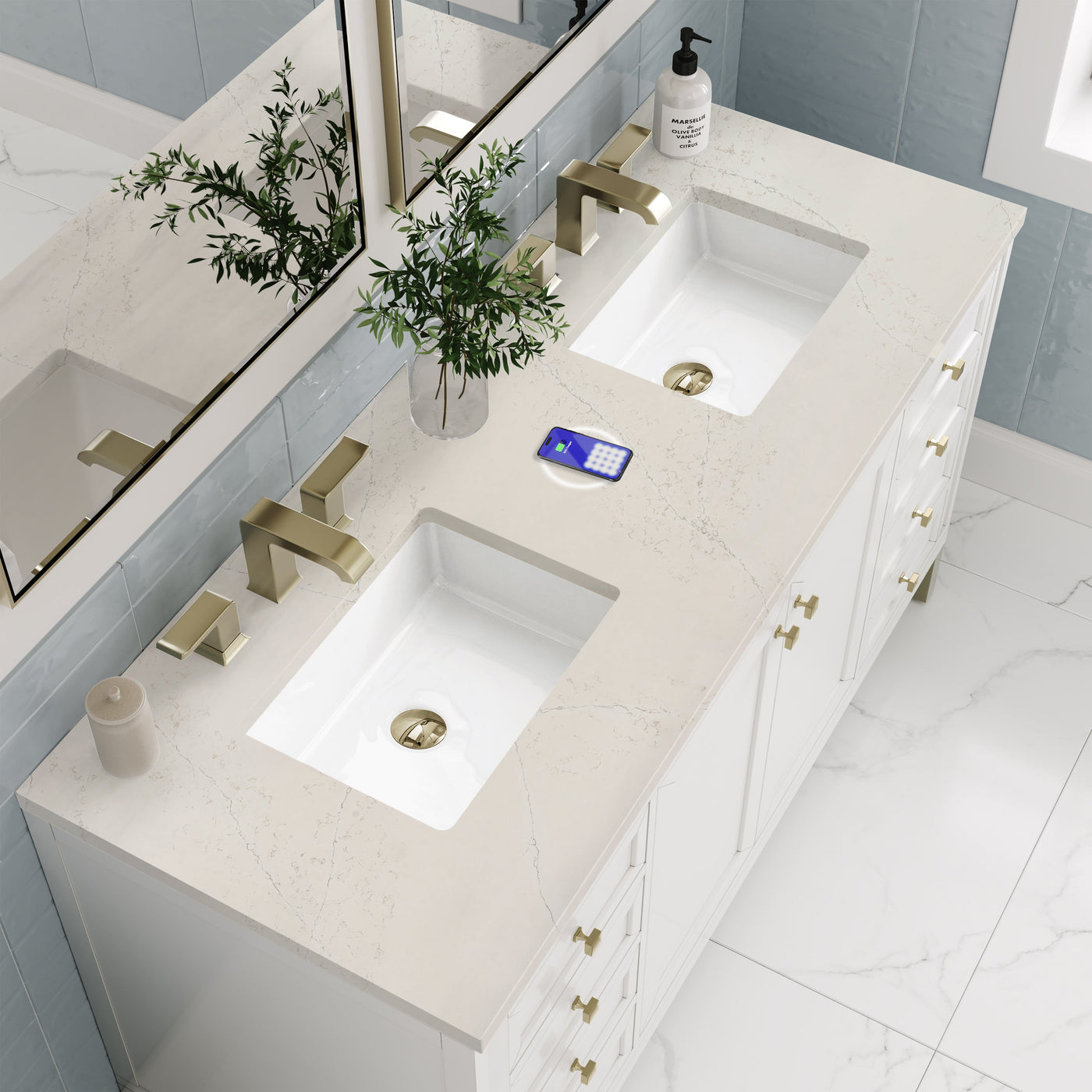 James Martin Chicago 60" Double Bathroom Vanity, Glossy White with Siberian (FreePower) countertop