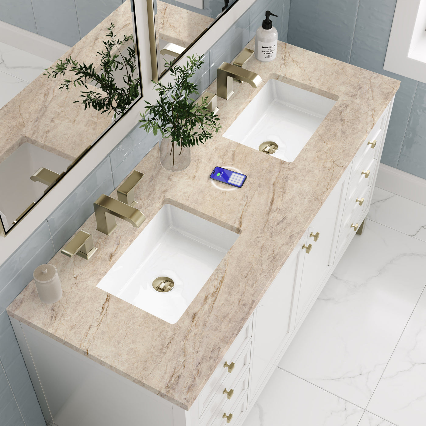 James Martin Chicago 60" Double Bathroom Vanity, Glossy White with Tajnar (FreePower) countertop