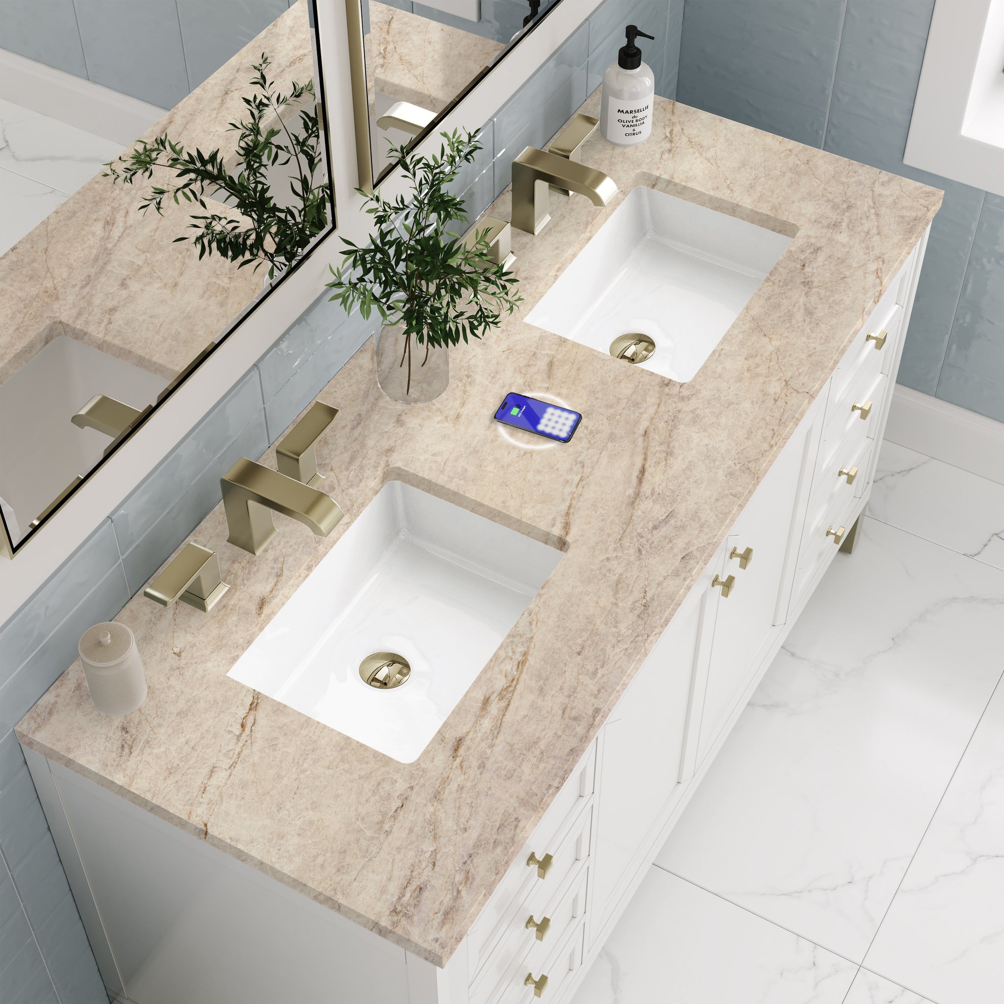 James Martin Chicago 60" Double Bathroom Vanity, Glossy White with Tajnar (FreePower) countertop