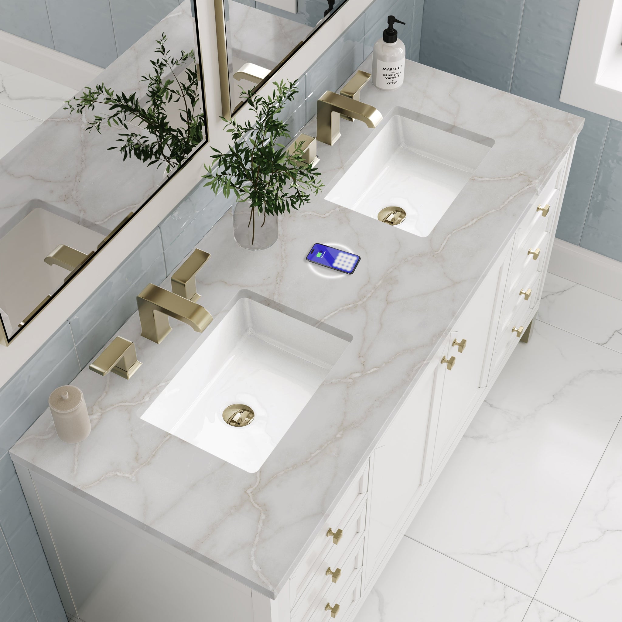 James Martin Chicago 60" Double Bathroom Vanity, Glossy White with Victorian Silver (FreePower) countertop