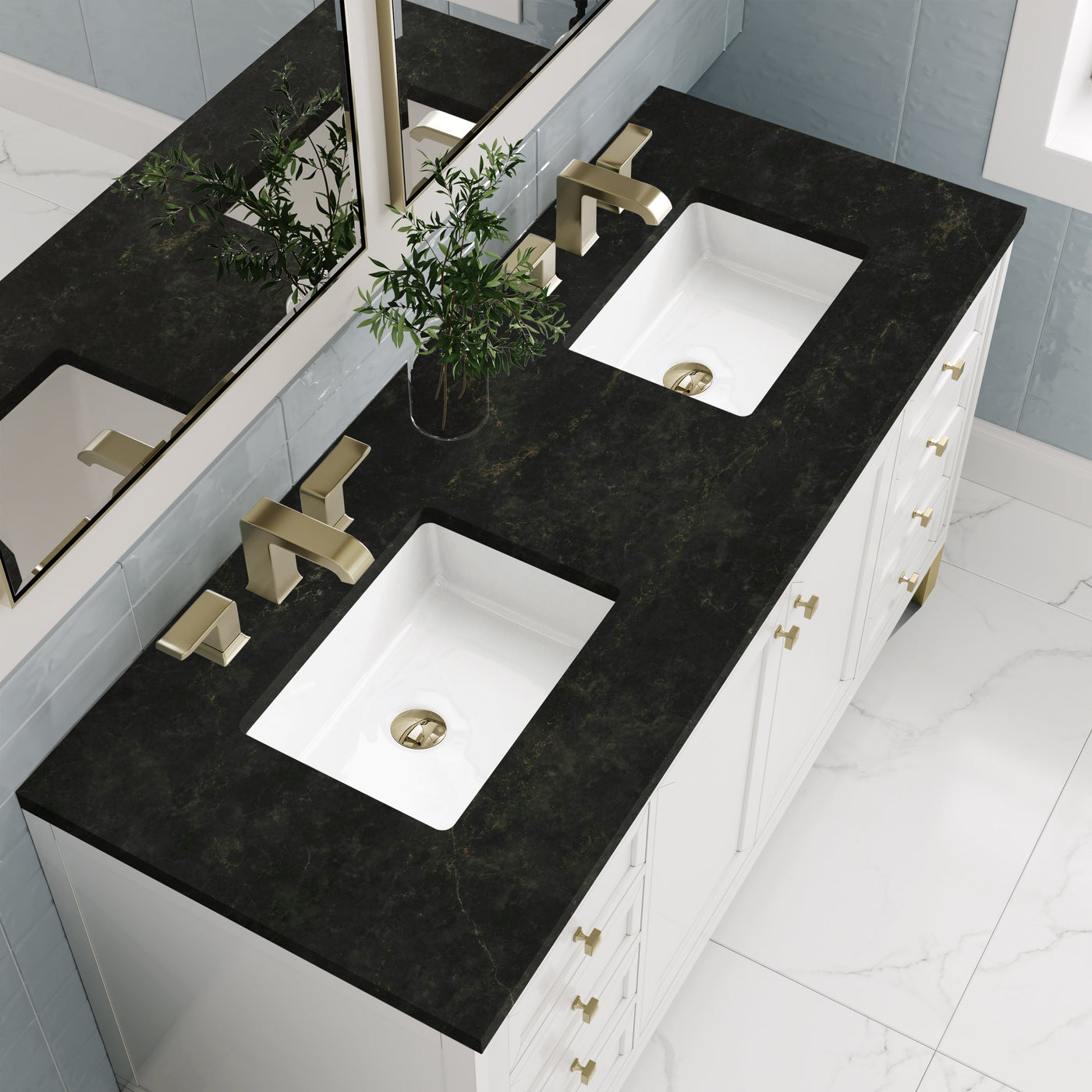 James Martin Chicago 60" Double Bathroom Vanity, Glossy White with Phantome countertop