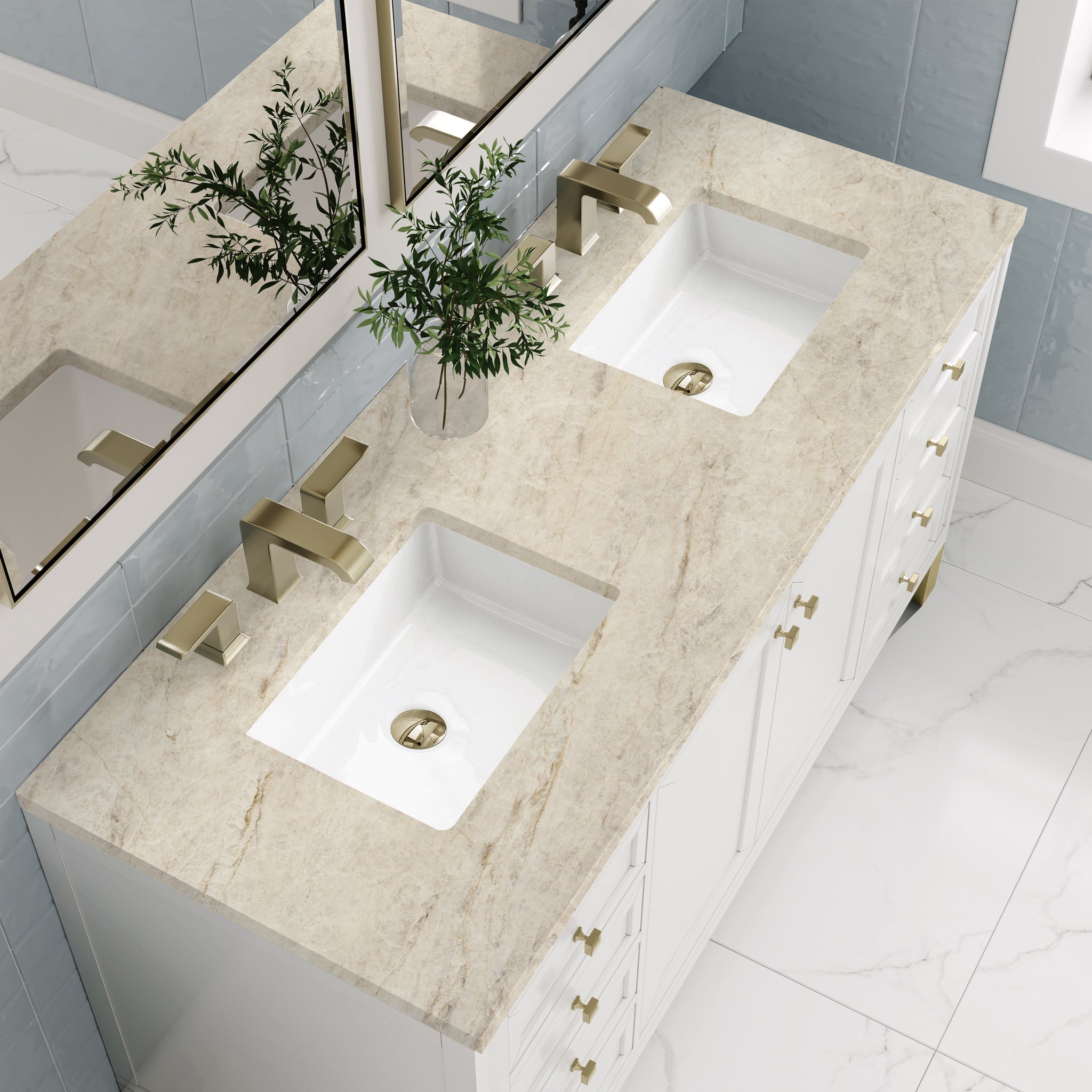 James Martin Chicago 60" Double Bathroom Vanity, Glossy White with Tajnar countertop