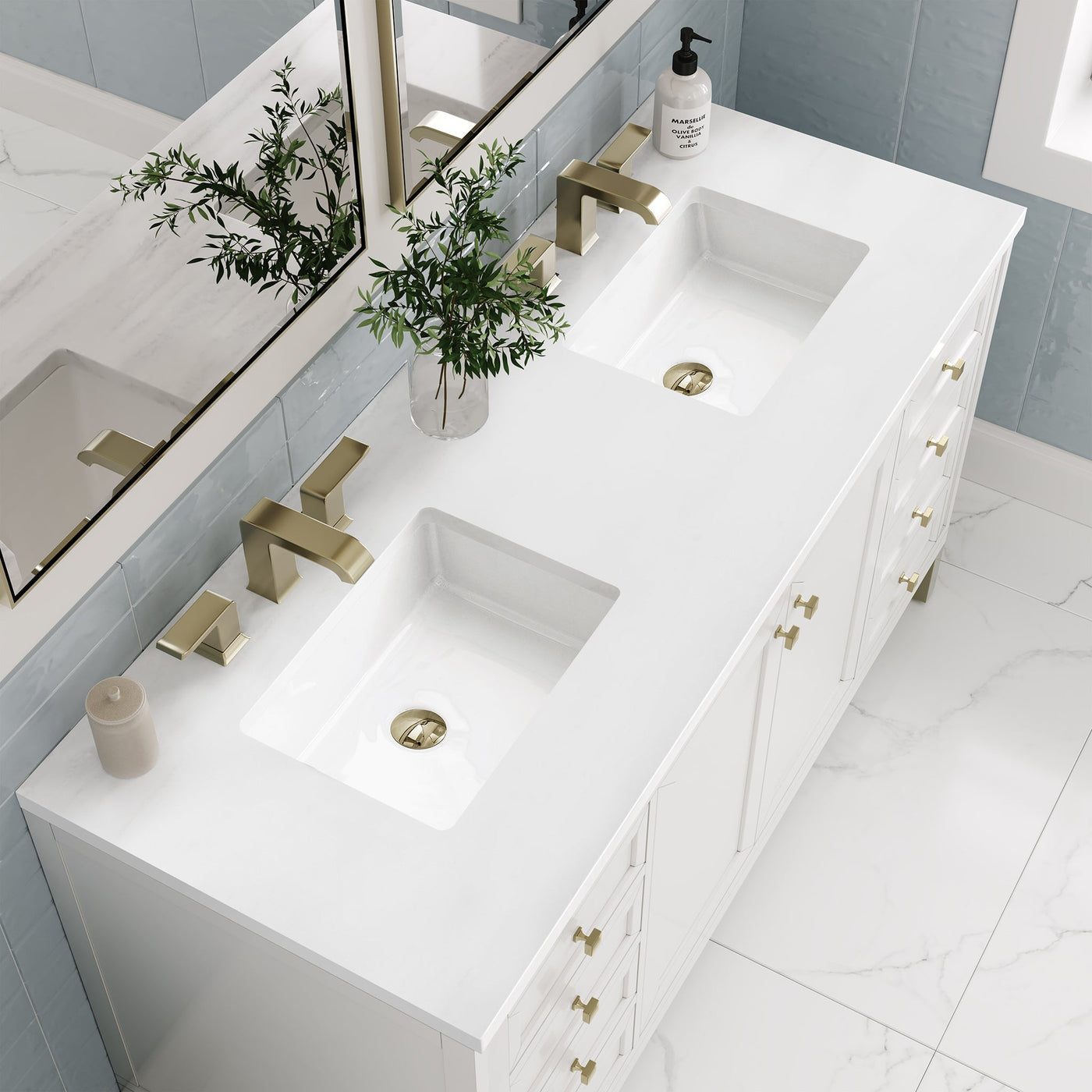 James Martin Chicago 60" Double Bathroom Vanity, Glossy White with White Zeus countertop