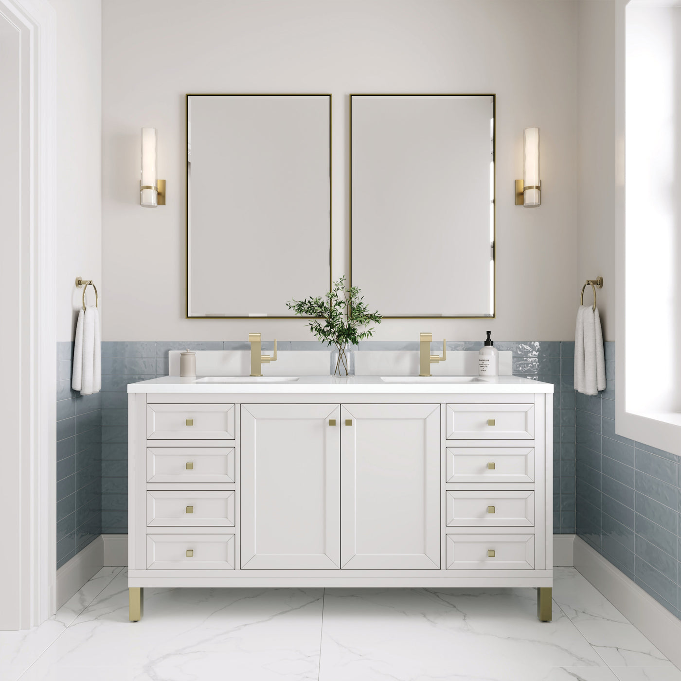 James Martin Chicago 60" Double Bathroom Vanity, Glossy White with White Zeus (Single Hole, with Backsplash) countertop