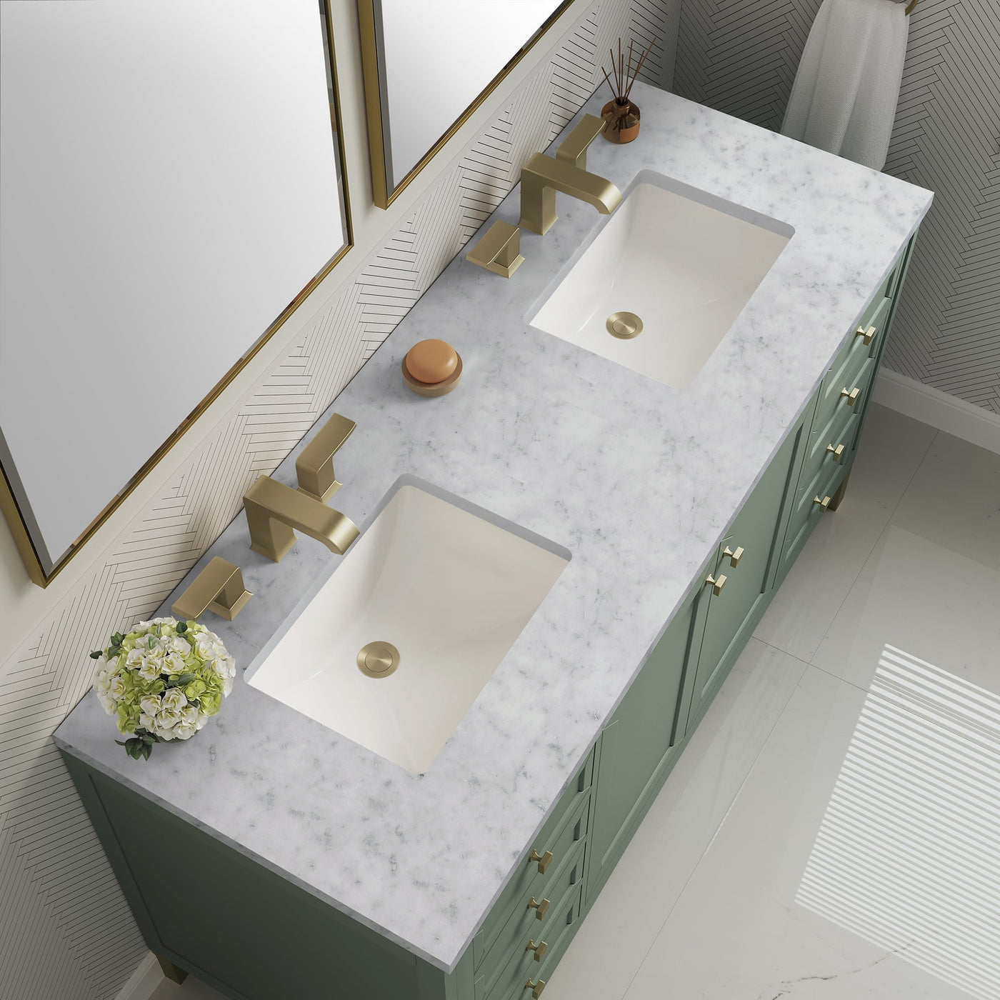 James Martin Chicago 60" Double Bathroom Vanity, Smokey Celadon with Eternal Jasmine Pearl countertop