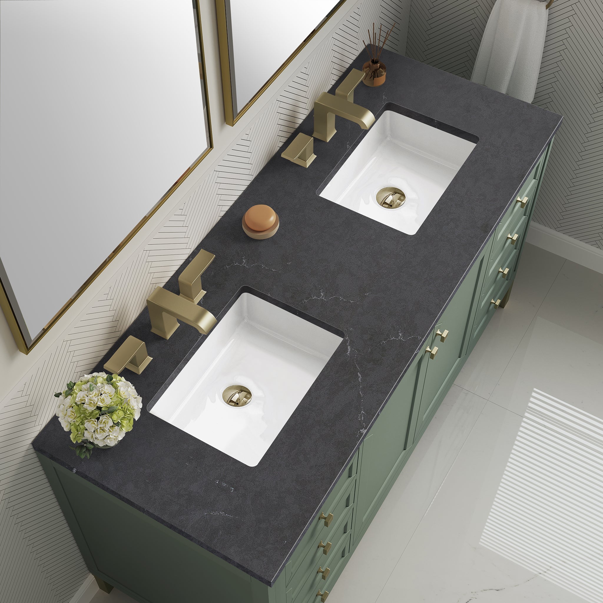 James Martin Chicago 60" Double Bathroom Vanity, Smokey Celadon with Charcoal Soapstone countertop