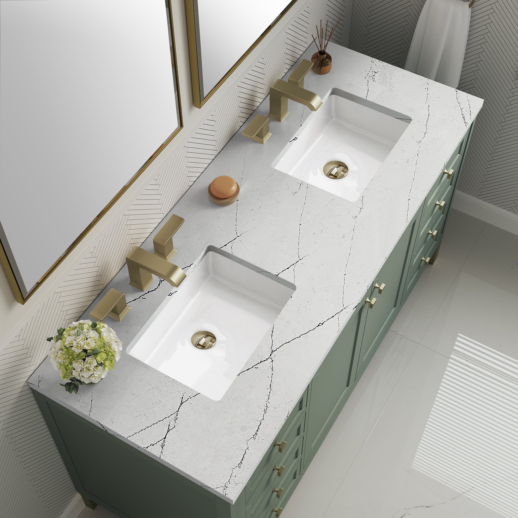 James Martin Chicago 60" Double Bathroom Vanity, Smokey Celadon with Ethereal Noctis countertop