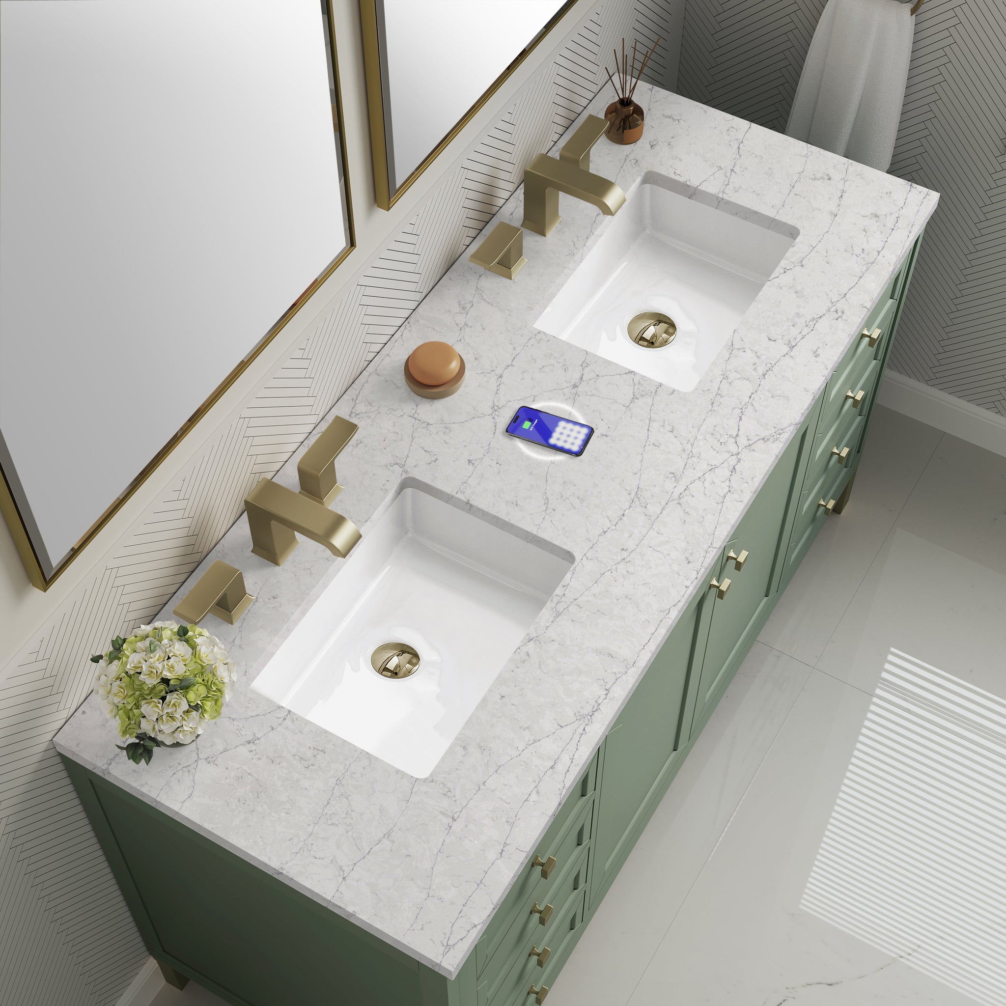 James Martin Chicago 60" Double Bathroom Vanity, Smokey Celadon with Eternal Jasmine Pearl (FreePower) countertop
