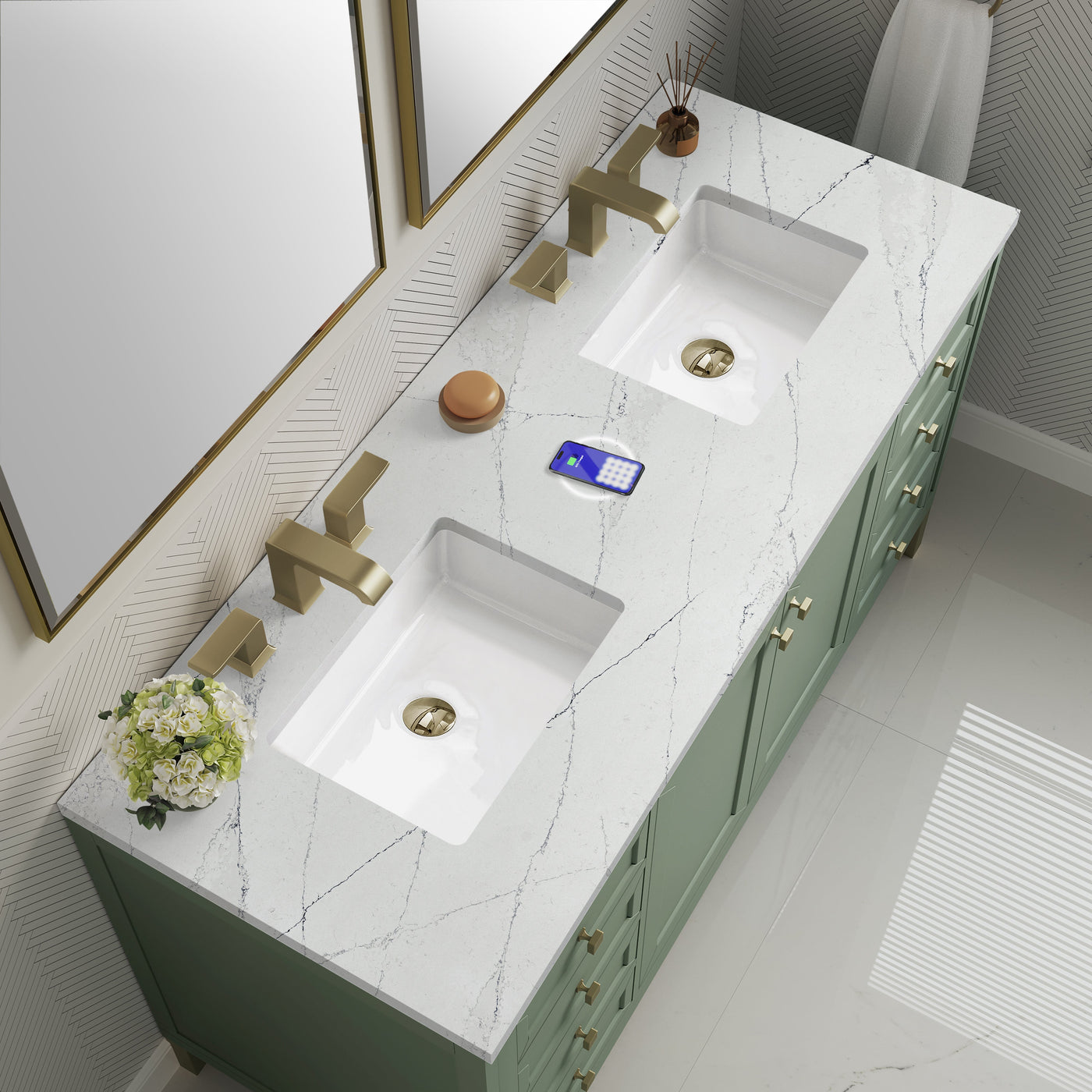 James Martin Chicago 60" Double Bathroom Vanity, Smokey Celadon with Ethereal Noctis (FreePower) countertop
