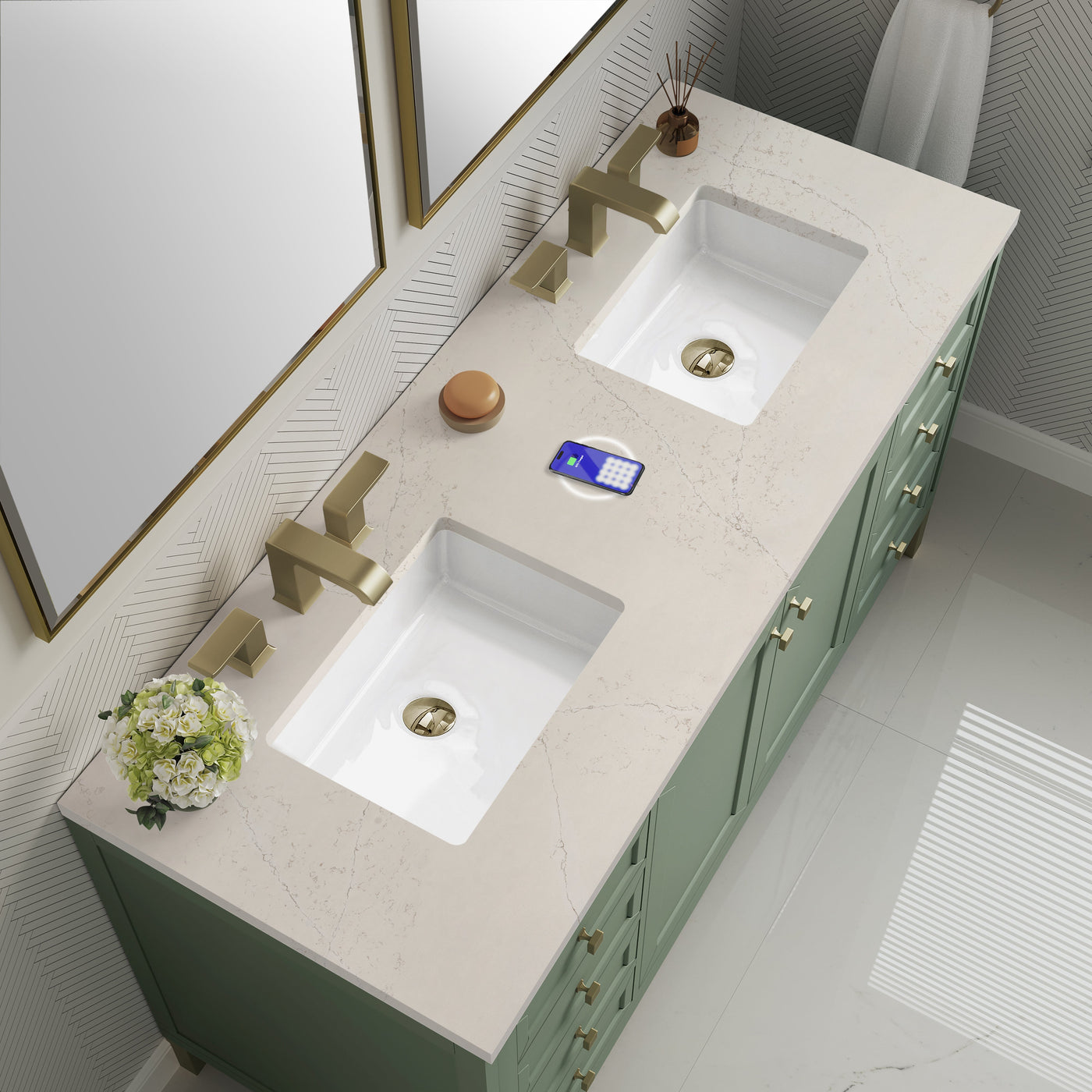 James Martin Chicago 60" Double Bathroom Vanity, Smokey Celadon with Siberian (FreePower) countertop