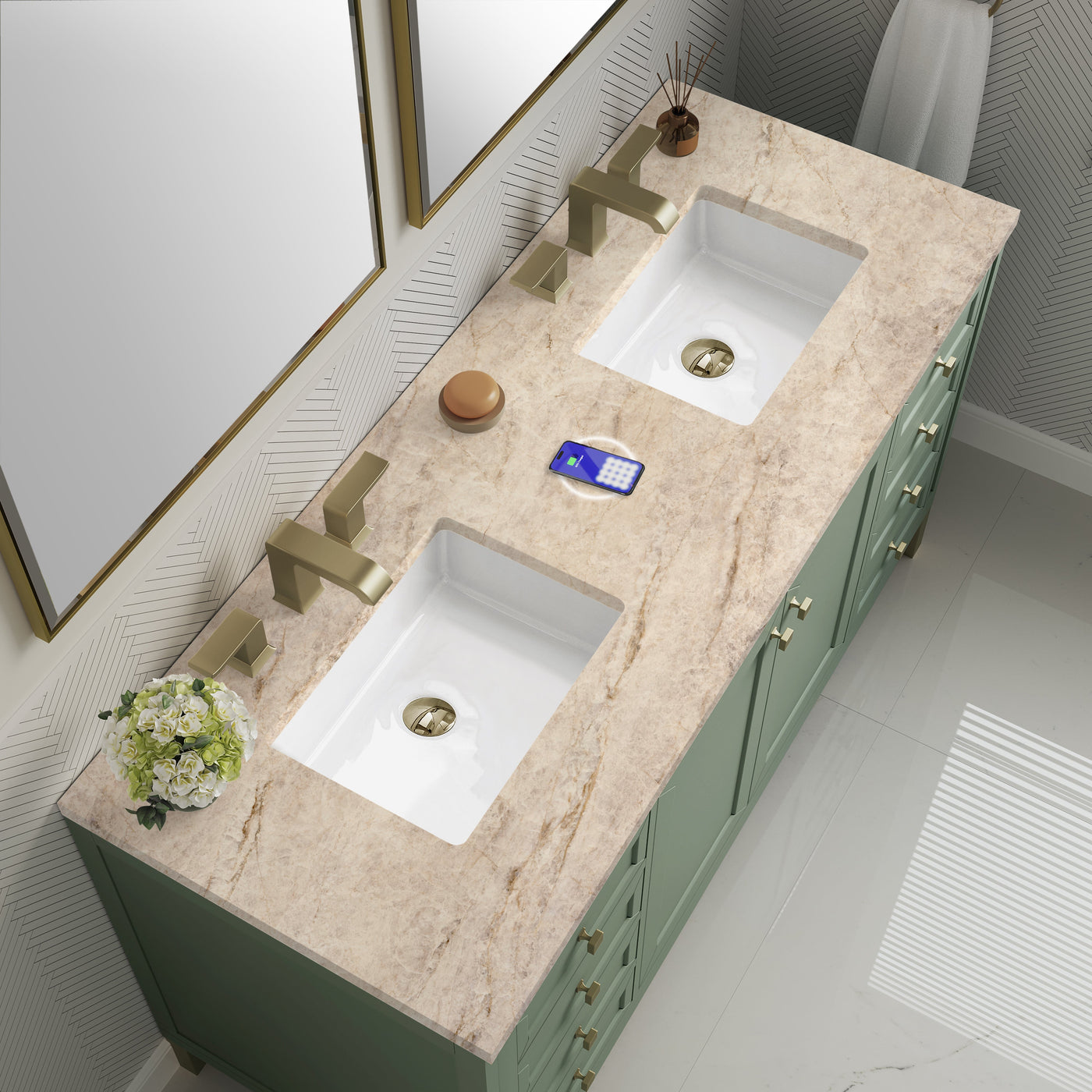 James Martin Chicago 60" Double Bathroom Vanity, Smokey Celadon with Tajnar (FreePower) countertop