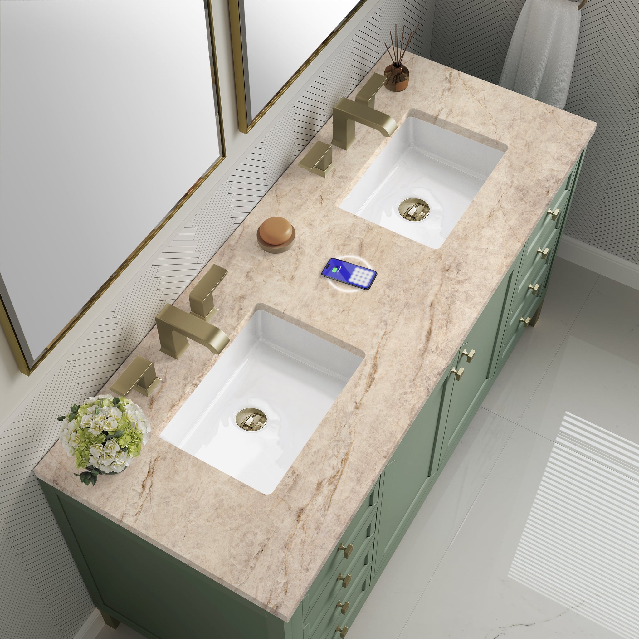 James Martin Chicago 60" Double Bathroom Vanity, Smokey Celadon with Tajnar (FreePower) countertop