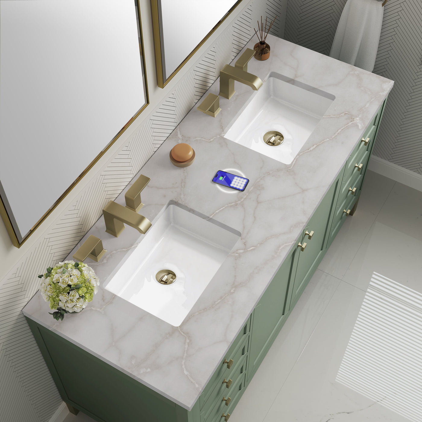 James Martin Chicago 60" Double Bathroom Vanity, Smokey Celadon with Victorian Silver (FreePower) countertop