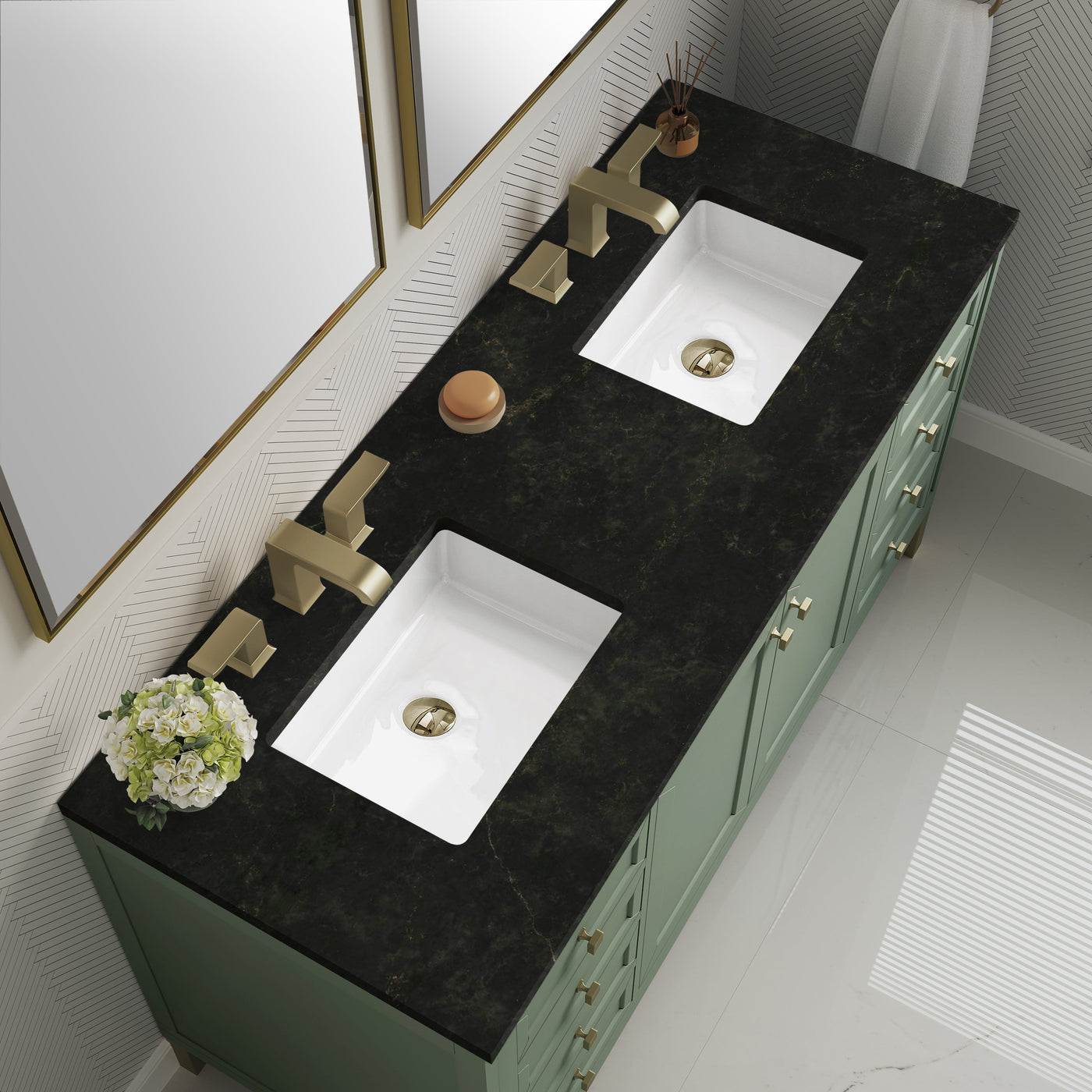 James Martin Chicago 60" Double Bathroom Vanity, Smokey Celadon with Phantome countertop