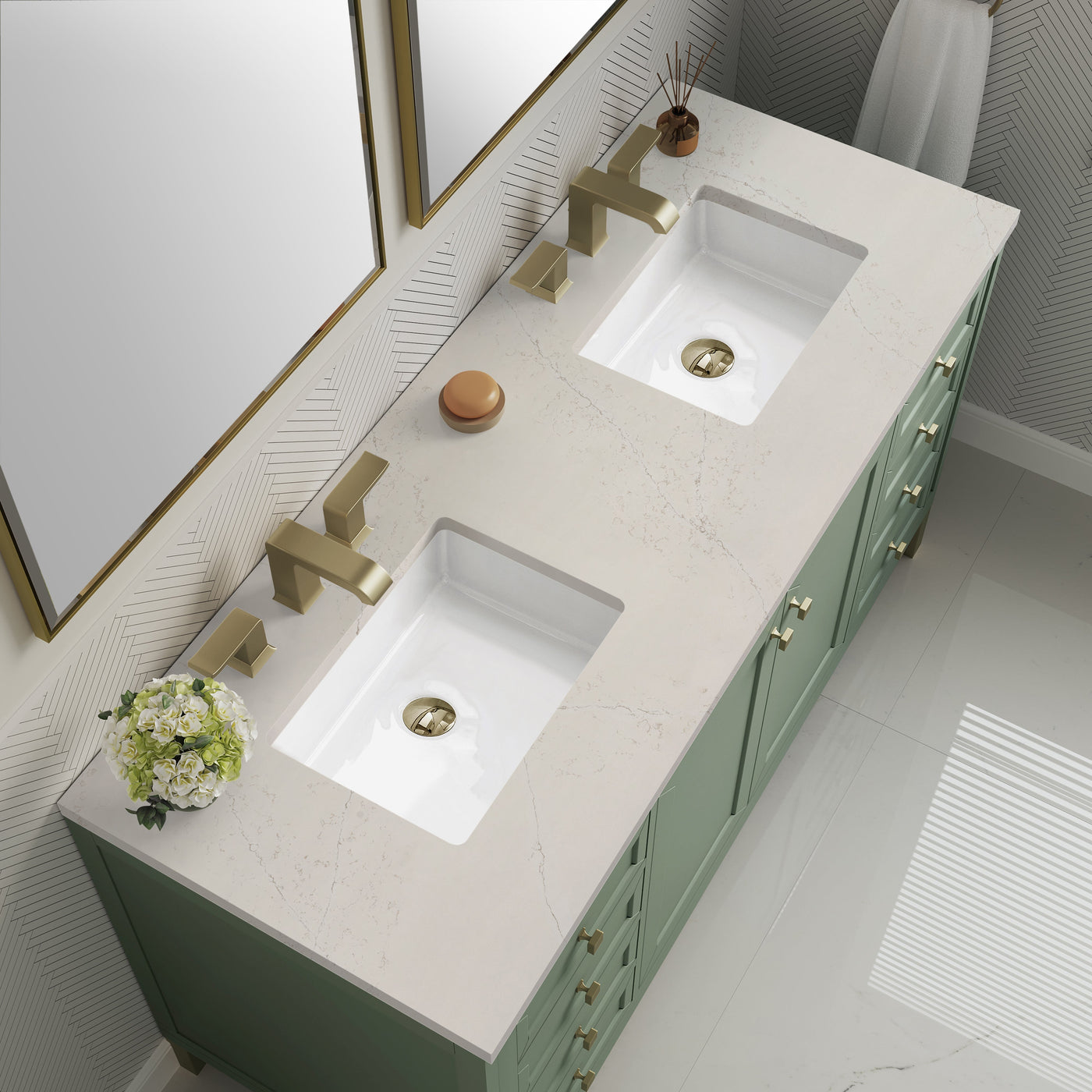 James Martin Chicago 60" Double Bathroom Vanity, Smokey Celadon with Siberian countertop
