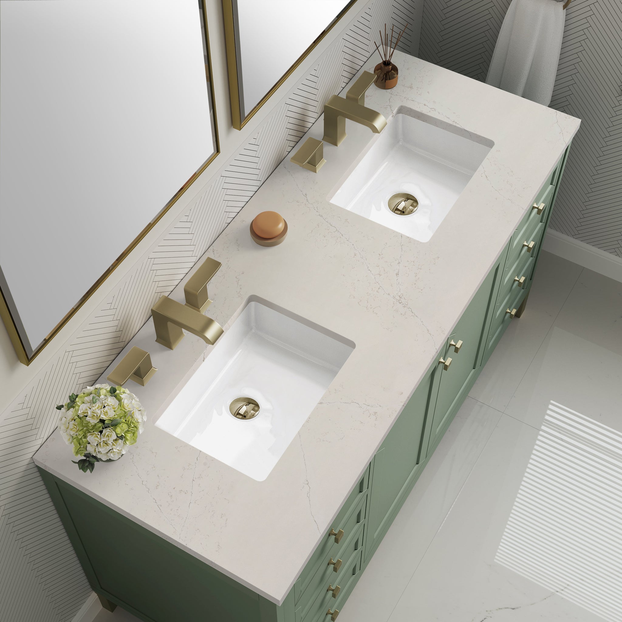 James Martin Chicago 60" Double Bathroom Vanity, Smokey Celadon with Siberian countertop