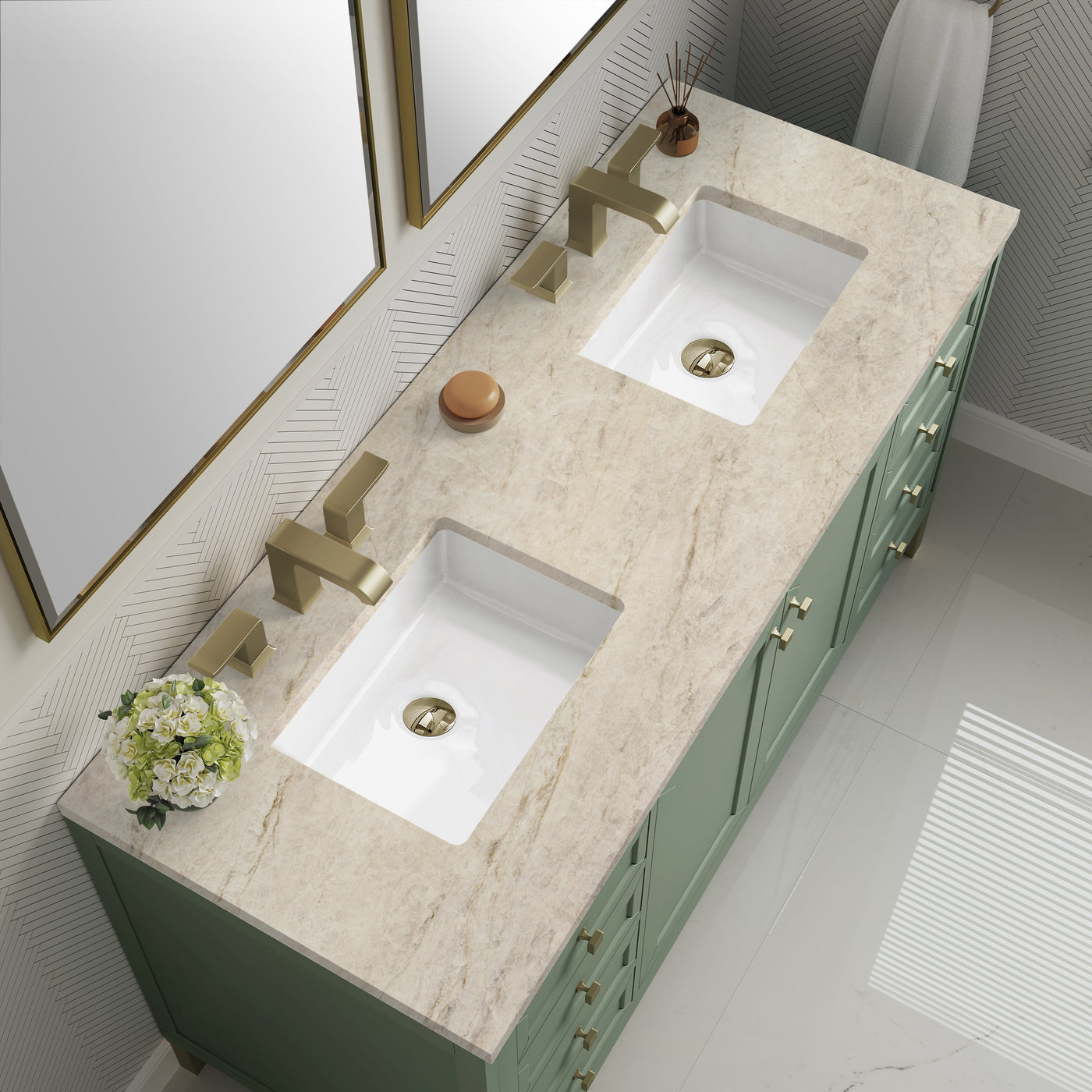 James Martin Chicago 60" Double Bathroom Vanity, Smokey Celadon with Tajnar countertop