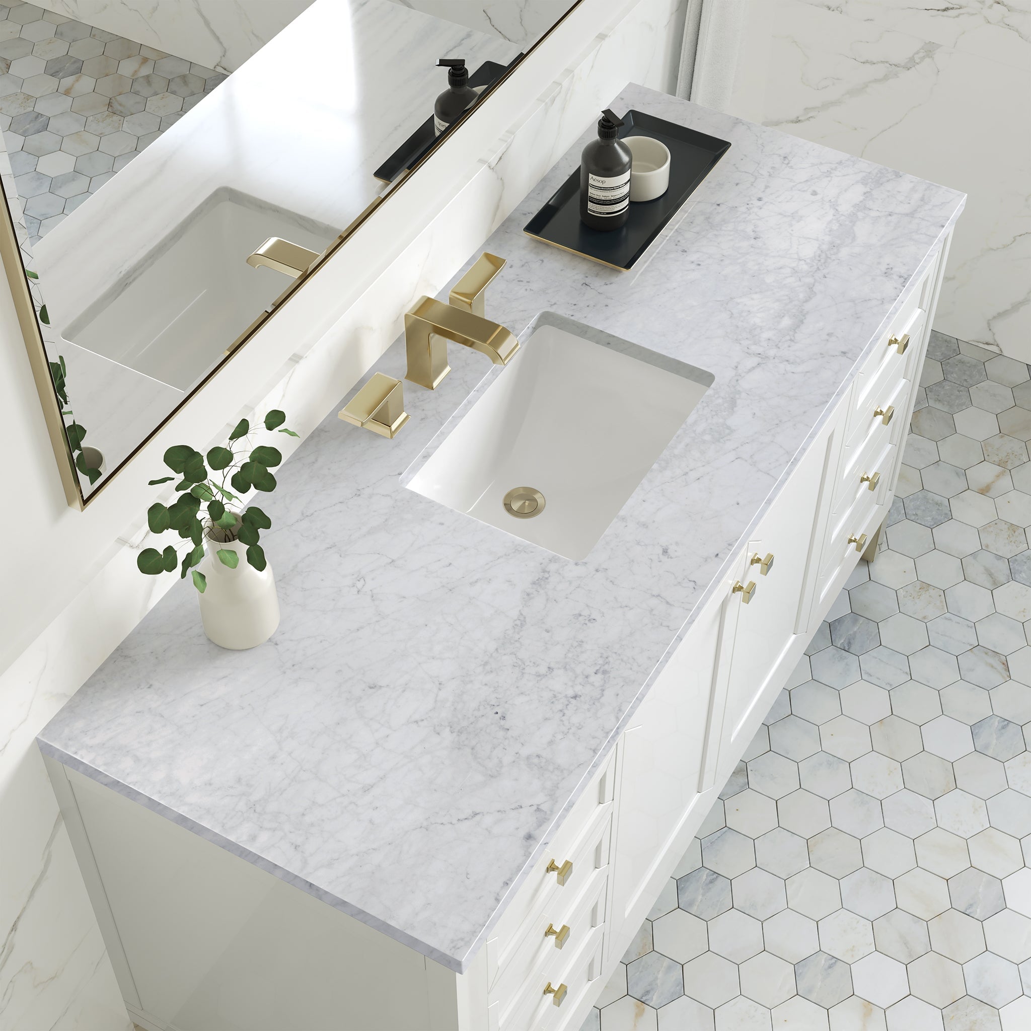 James Martin Chicago 60" Single Bathroom Vanity, Glossy White with Carrara White countertop