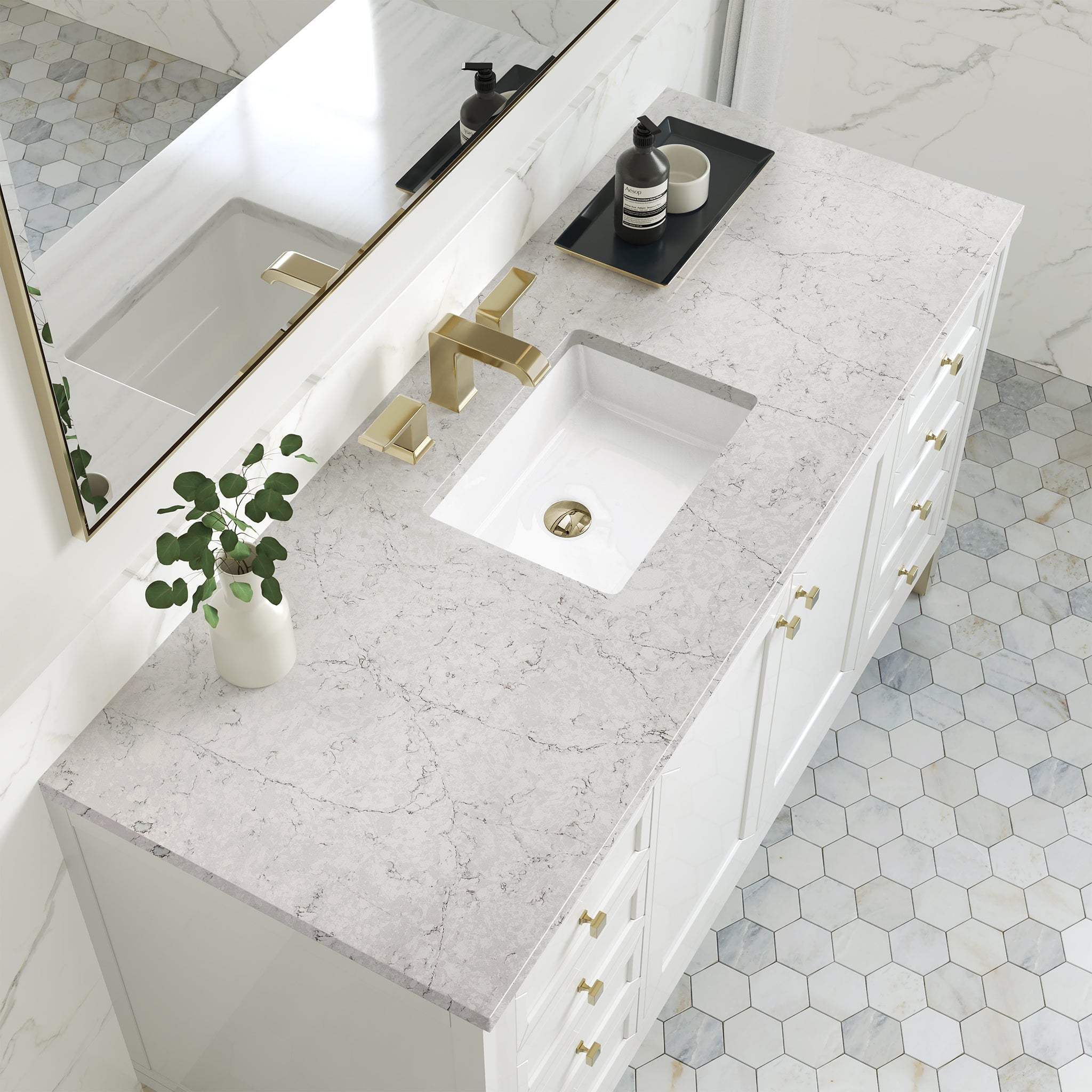 James Martin Chicago 60" Single Bathroom Vanity, Glossy White with Eternal Jasmine Pearl countertop