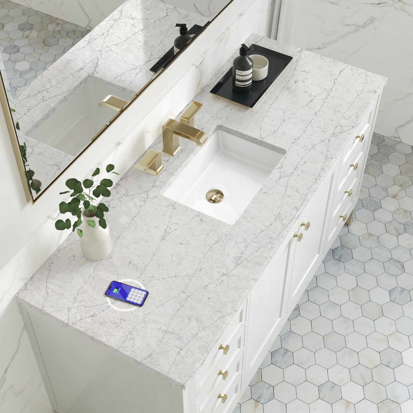 James Martin Chicago 60" Single Bathroom Vanity, Glossy White with Eternal Jasmine Pearl (FreePower) countertop