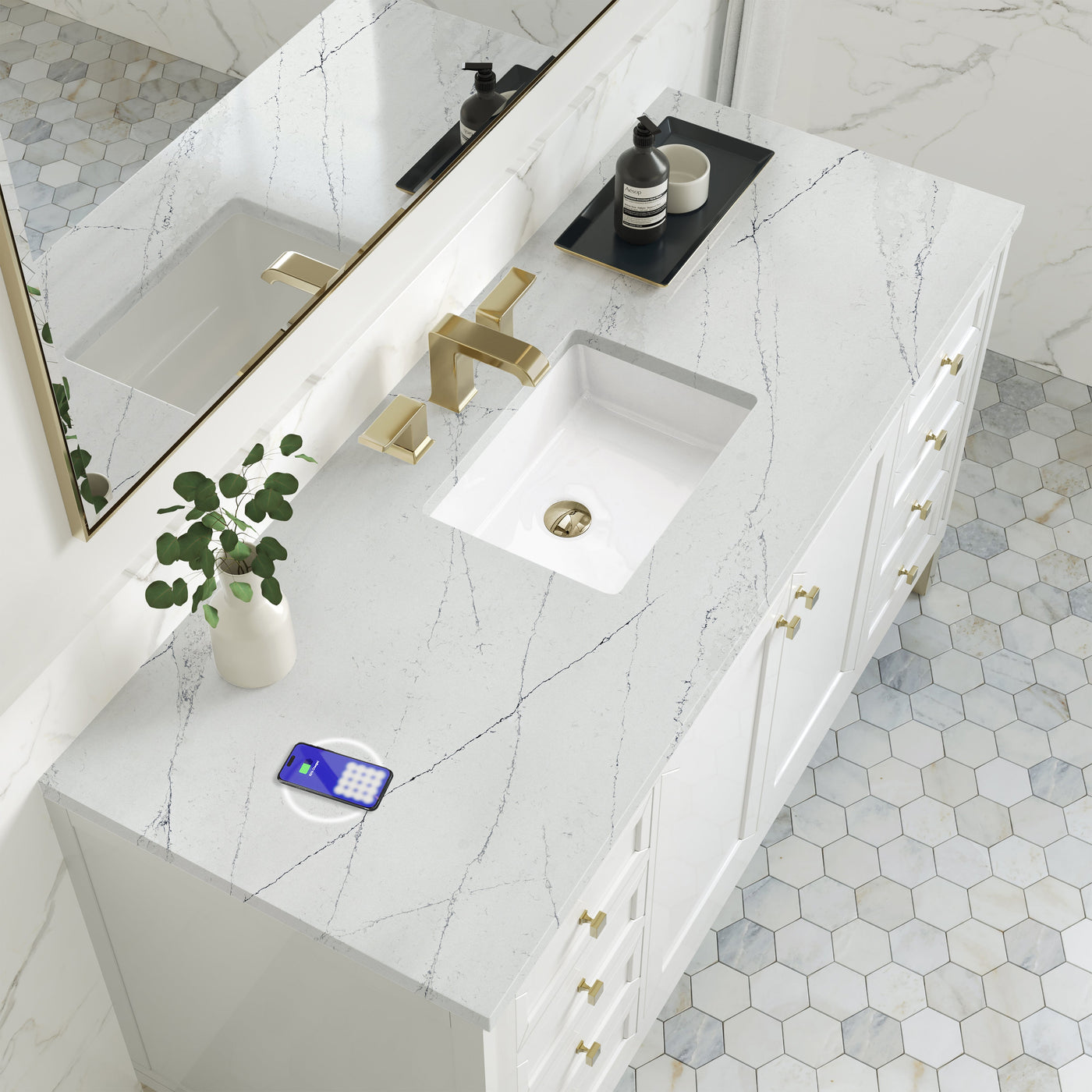 James Martin Chicago 60" Single Bathroom Vanity, Glossy White with Ethereal Noctis (FreePower) countertop