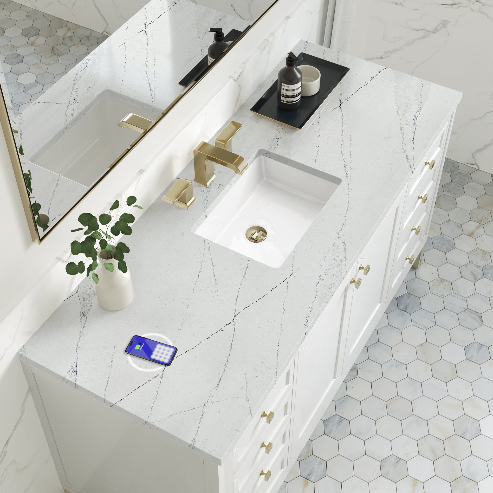 James Martin Chicago 60" Single Bathroom Vanity, Glossy White with Ethereal Noctis (FreePower) countertop