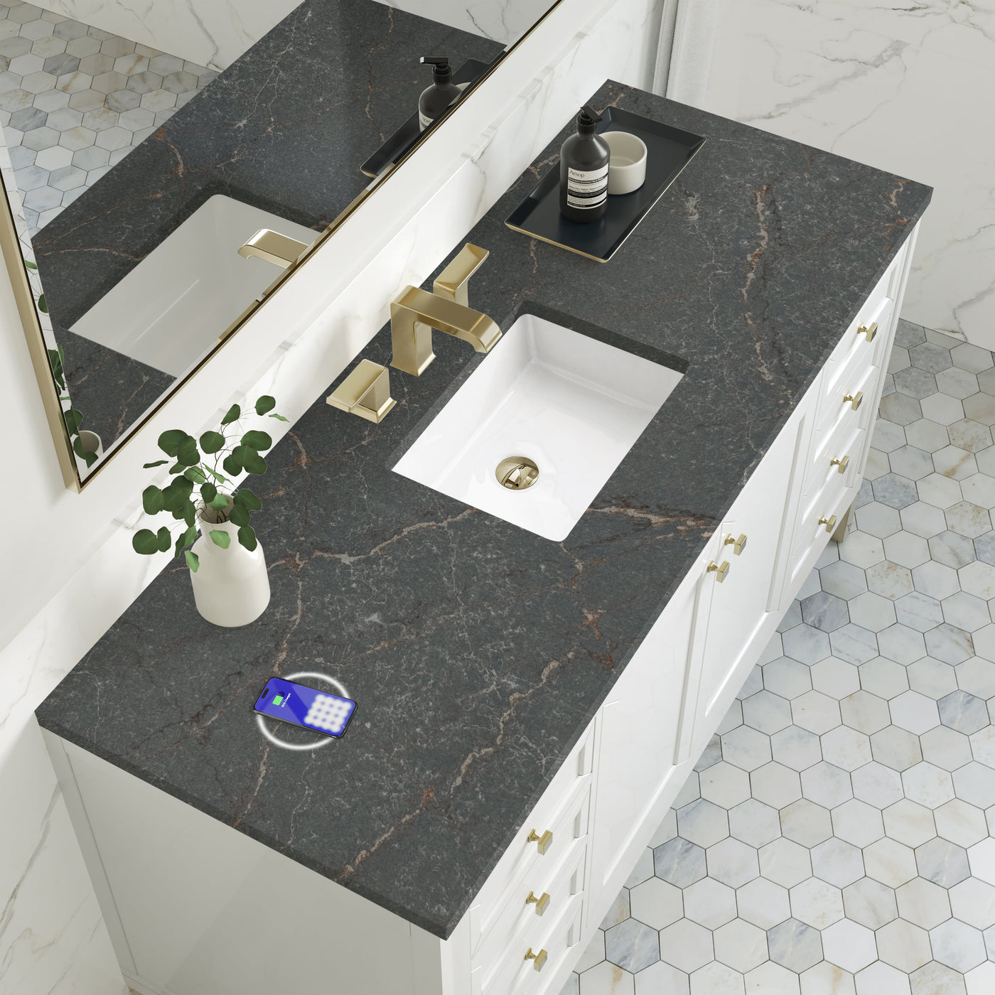 James Martin Chicago 60" Single Bathroom Vanity, Glossy White with Parisien Bleu (FreePower) countertop